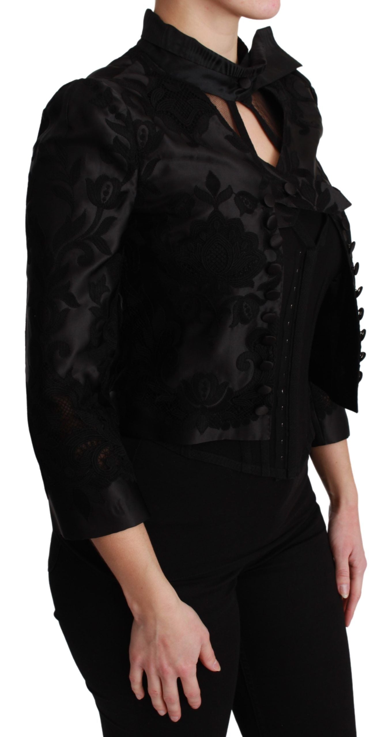 Zwarte bloemen jacquard blazer zijden jas