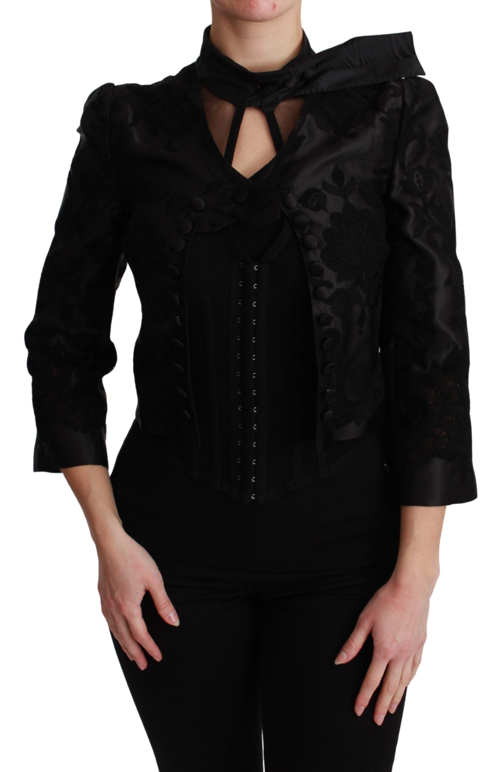 Zwarte bloemen jacquard blazer zijden jas