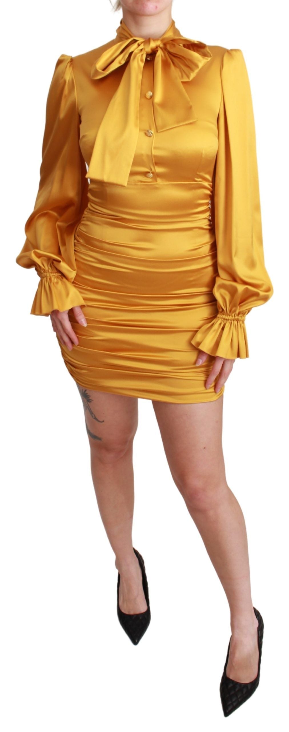 Gele zijden stretch bodycon mini-jurk