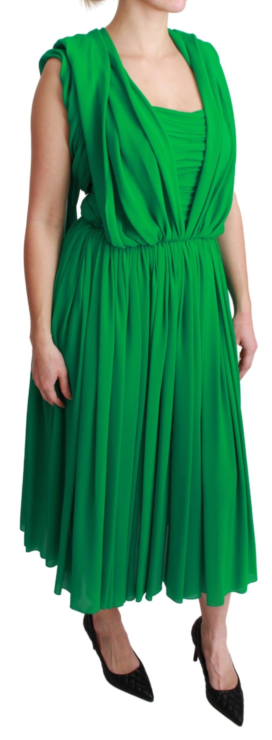100% zijden groene mouwloze geplooide maxi-jurk