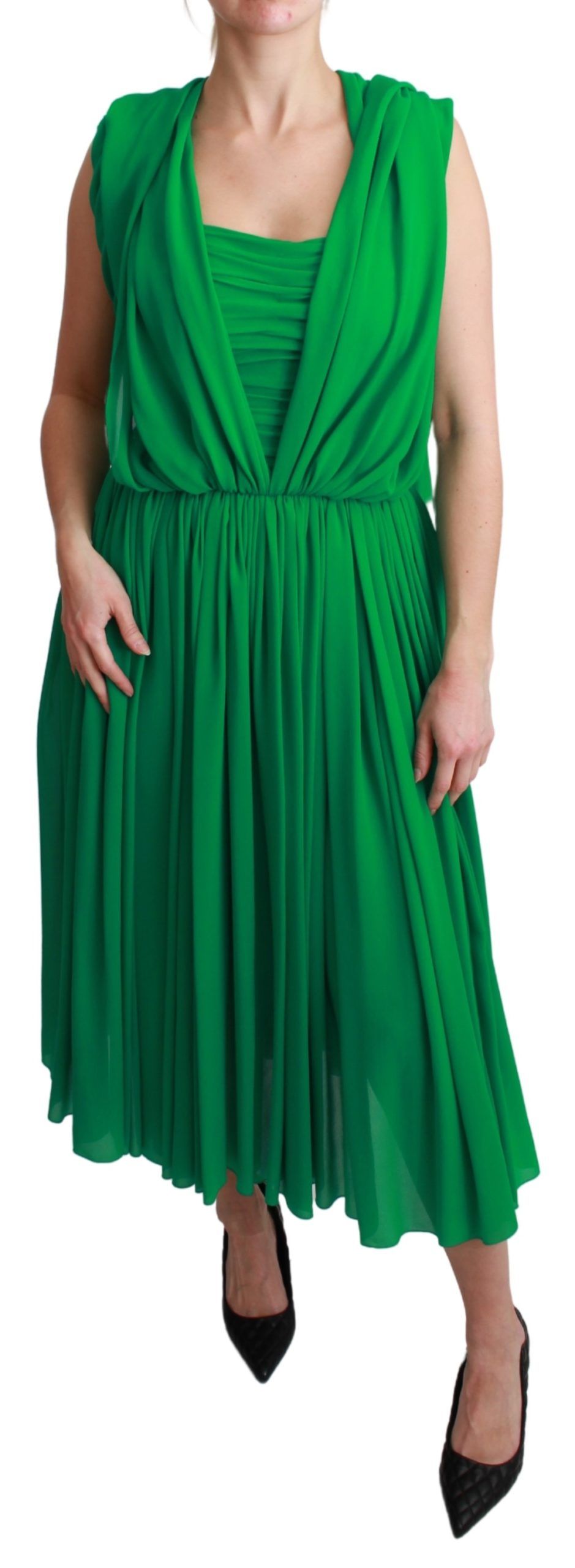 100% zijden groene mouwloze geplooide maxi-jurk