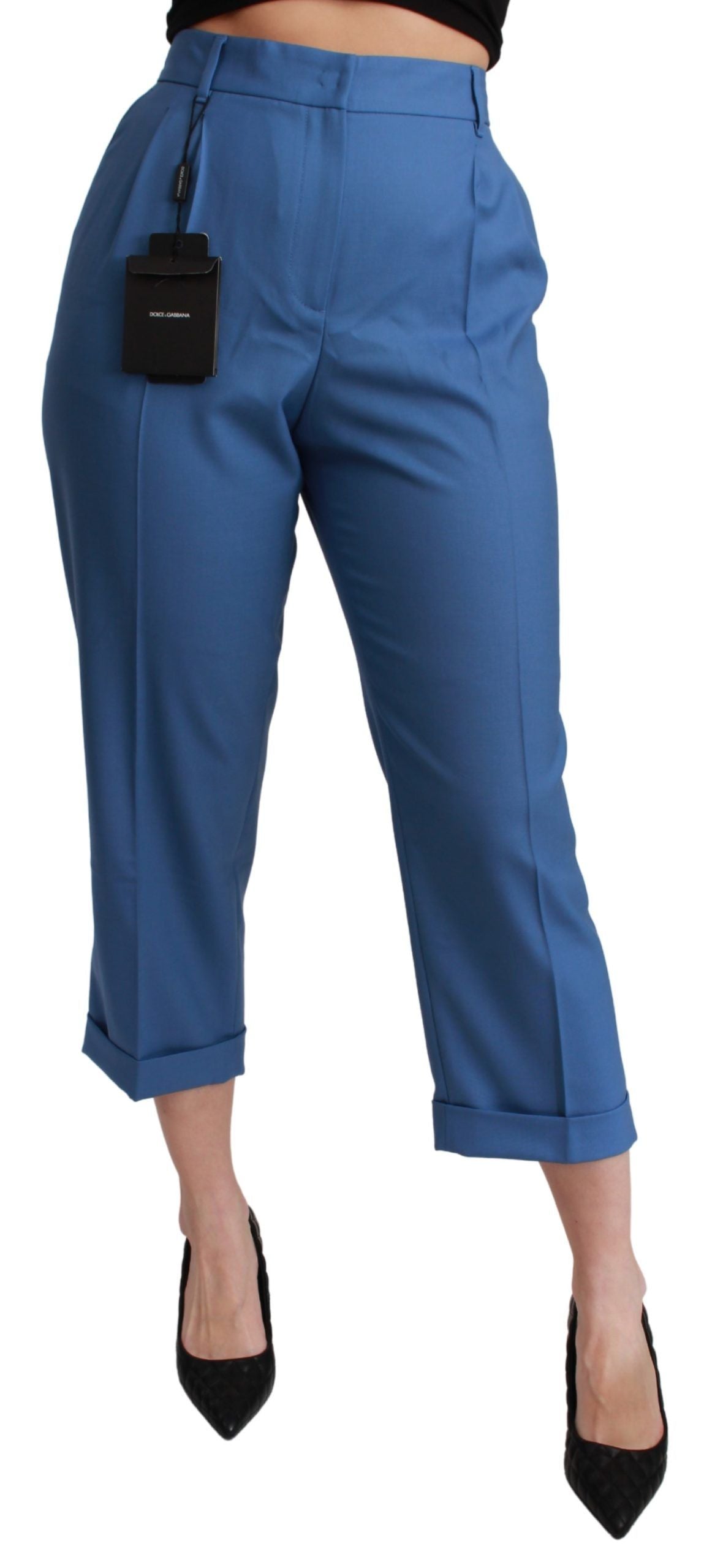Blauwe geplooide wollen cropped broek met omslag