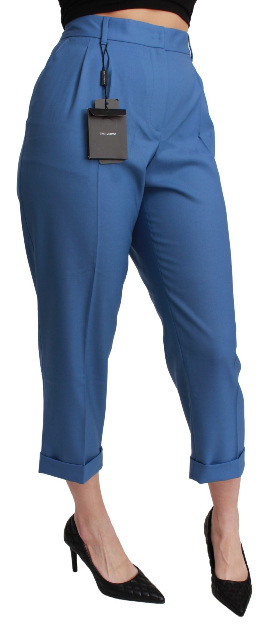 Blauwe geplooide wollen cropped broek met omslag