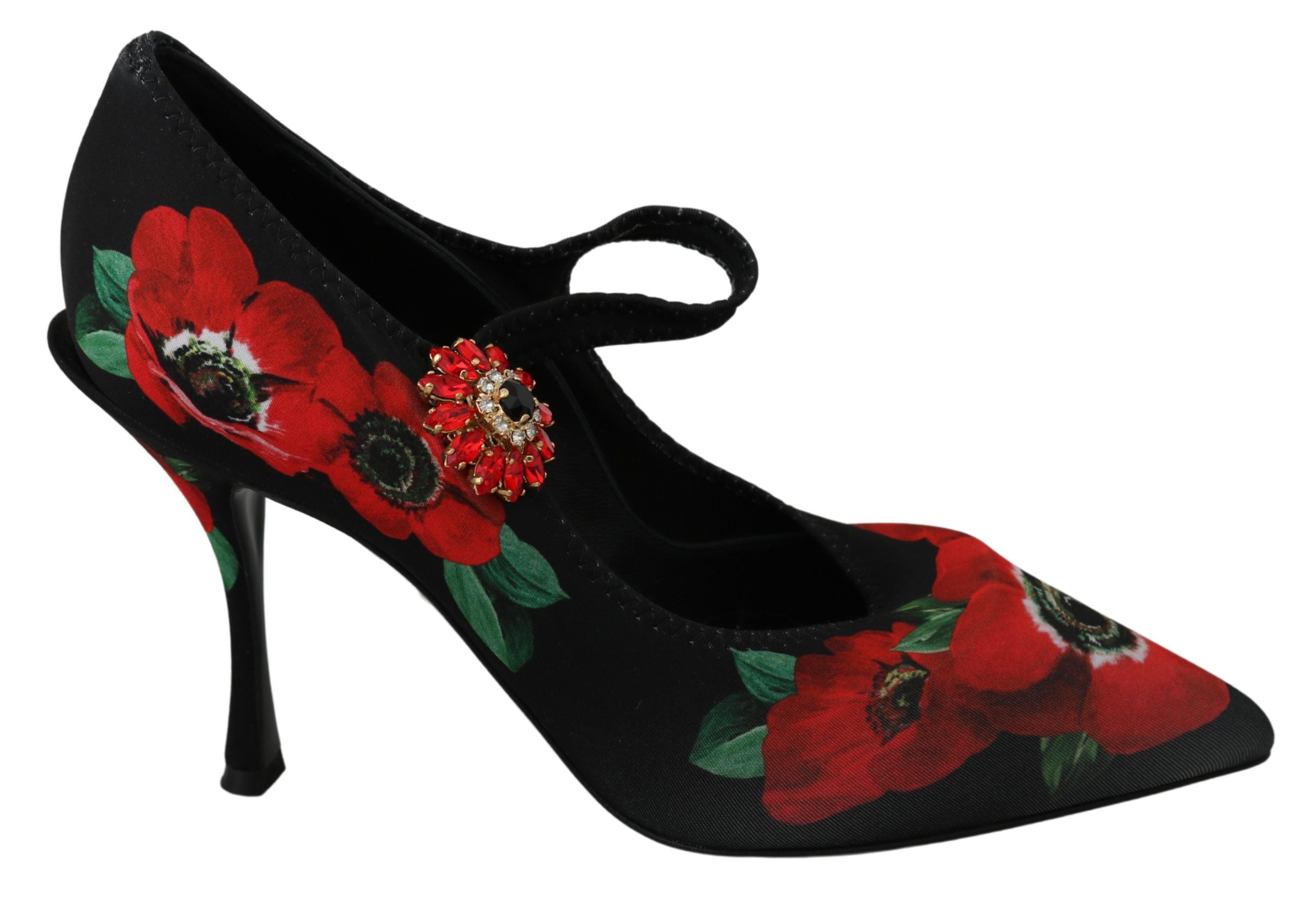 Zwarte rode Mary Janes pumps met bloemenprint