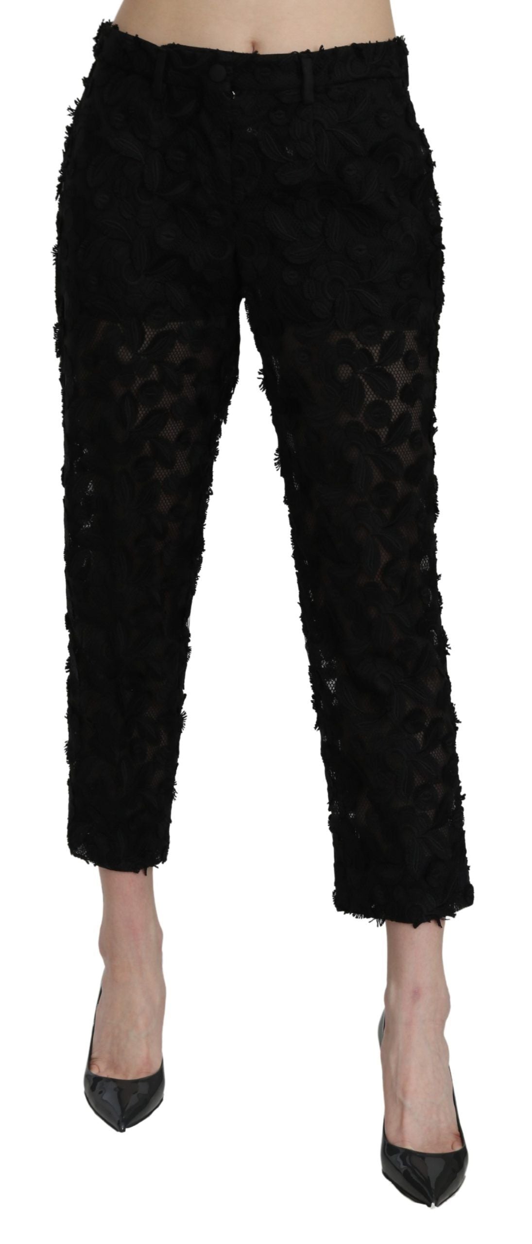 Zwarte kanten rechte cropped hoge taille broek