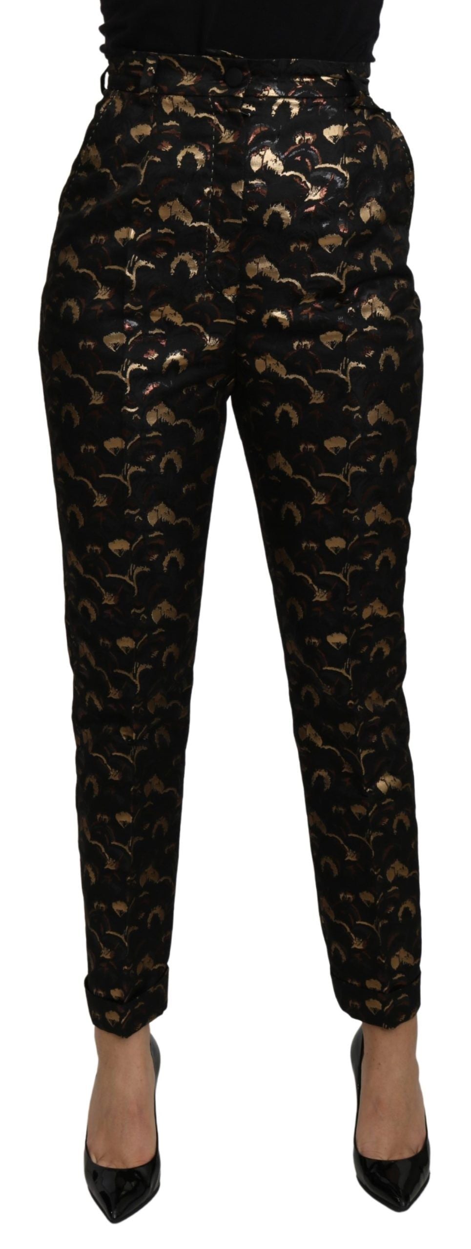 Zwarte goudkleurige brokaatbroek met hoge taille