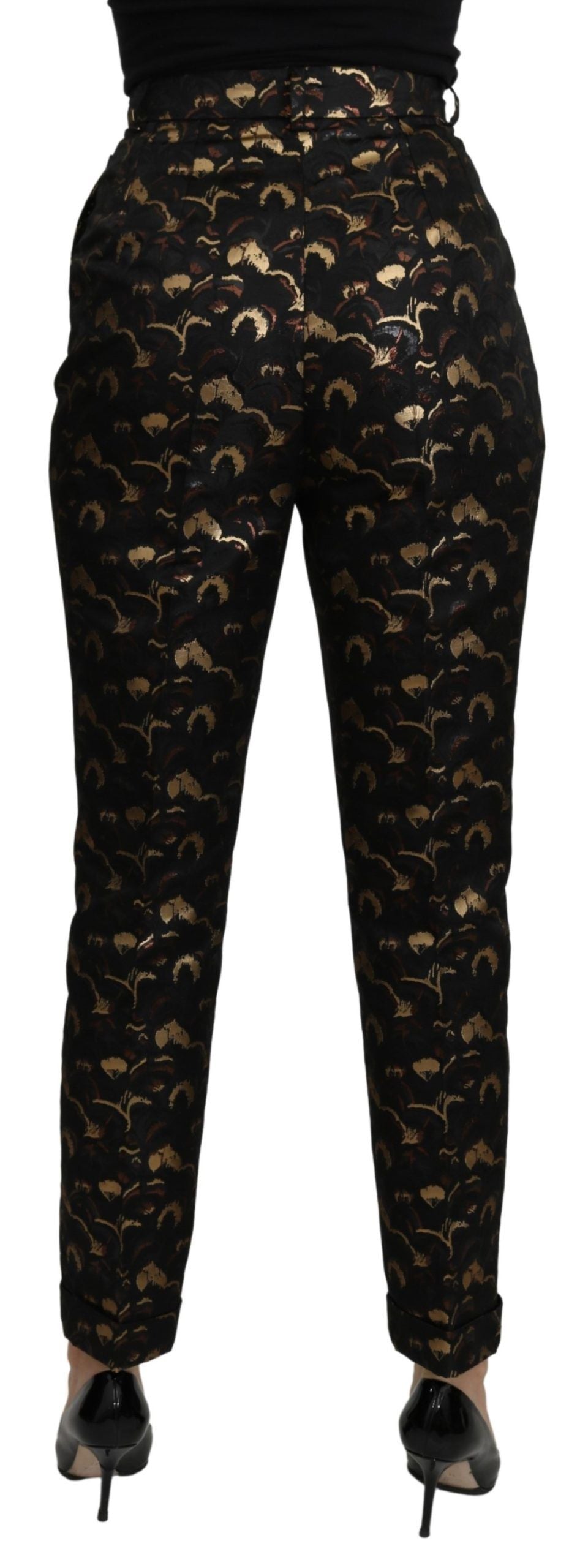 Zwarte goudkleurige brokaatbroek met hoge taille
