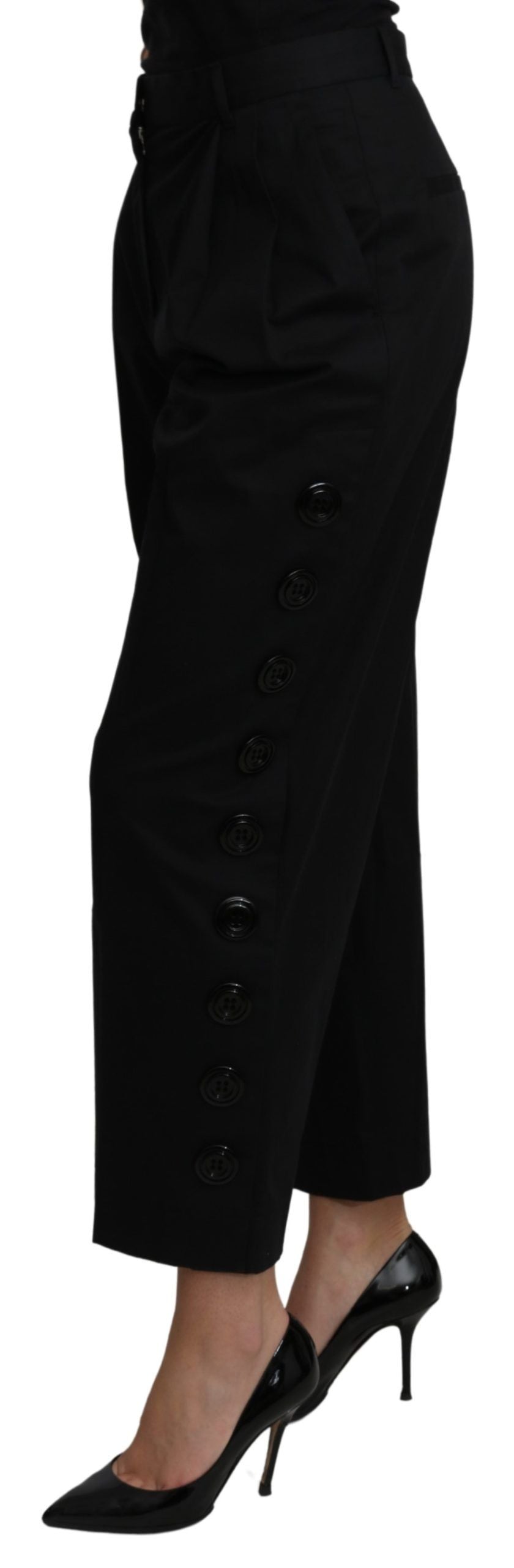 Zwarte hoge taille cropped katoenen stretchbroek