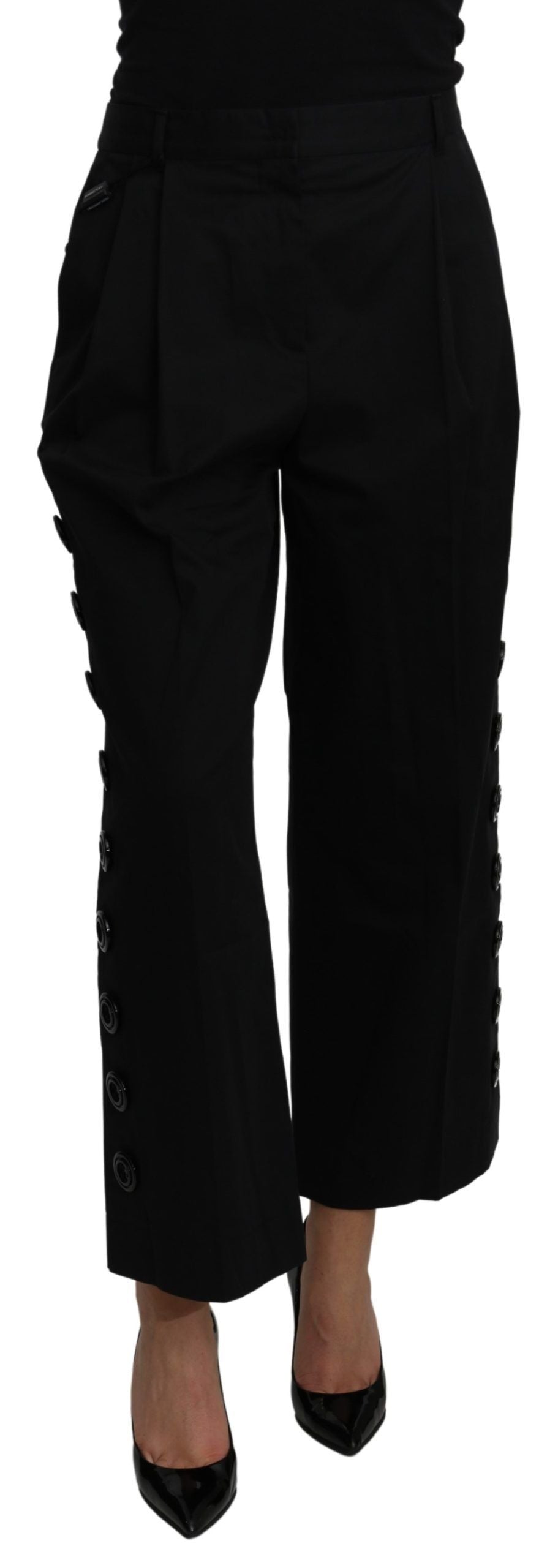 Zwarte hoge taille cropped katoenen stretchbroek