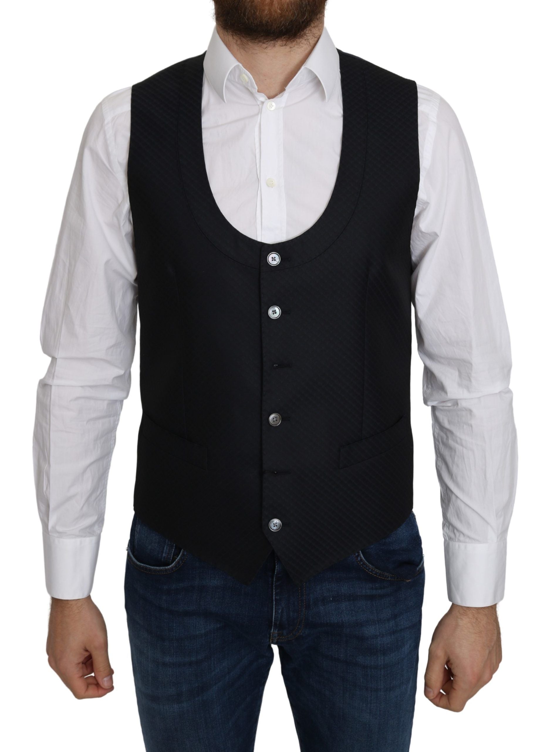 Blauwe zijden vest met romb-patroon