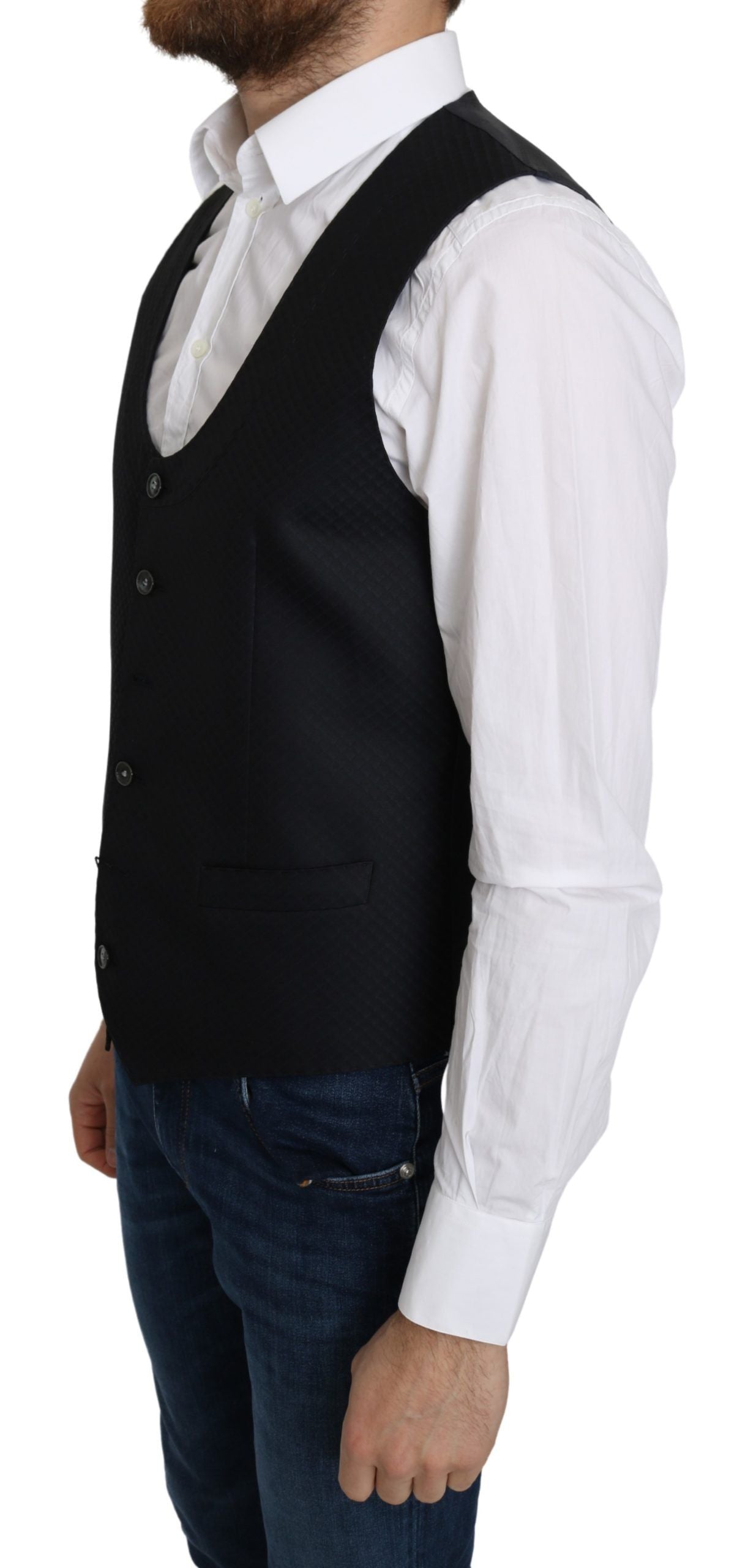 Blauwe zijden vest met romb-patroon