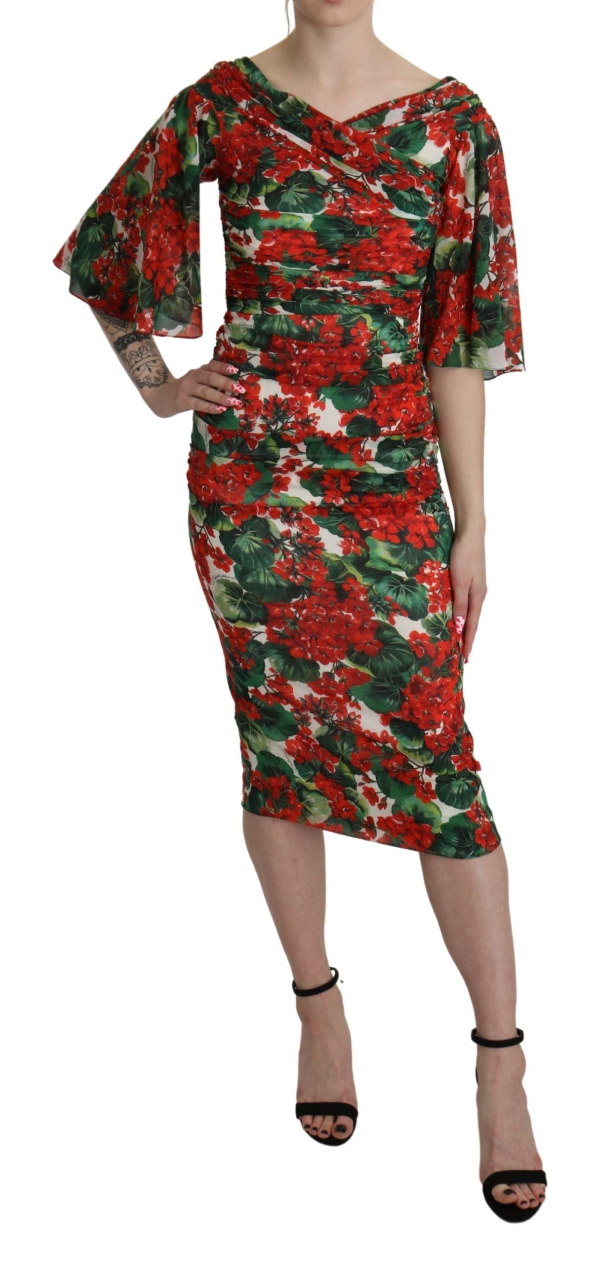 Rode bloemen mantel midi zijden stretchjurk