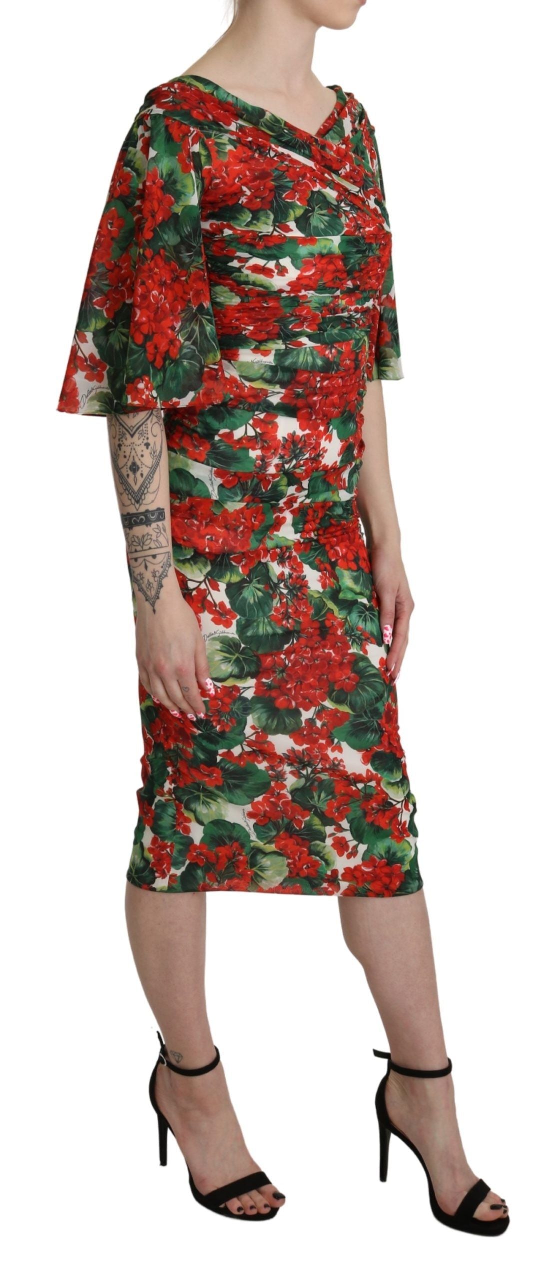 Rode bloemen mantel midi zijden stretchjurk
