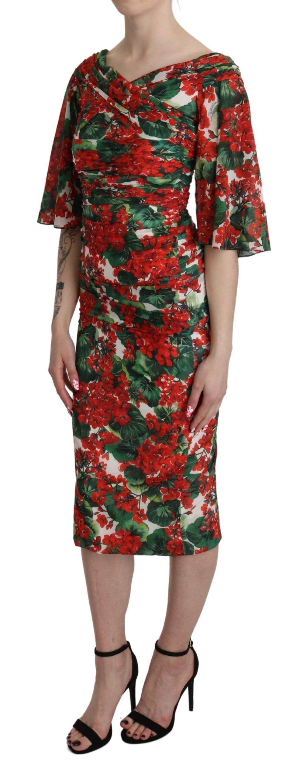 Rode bloemen mantel midi zijden stretchjurk