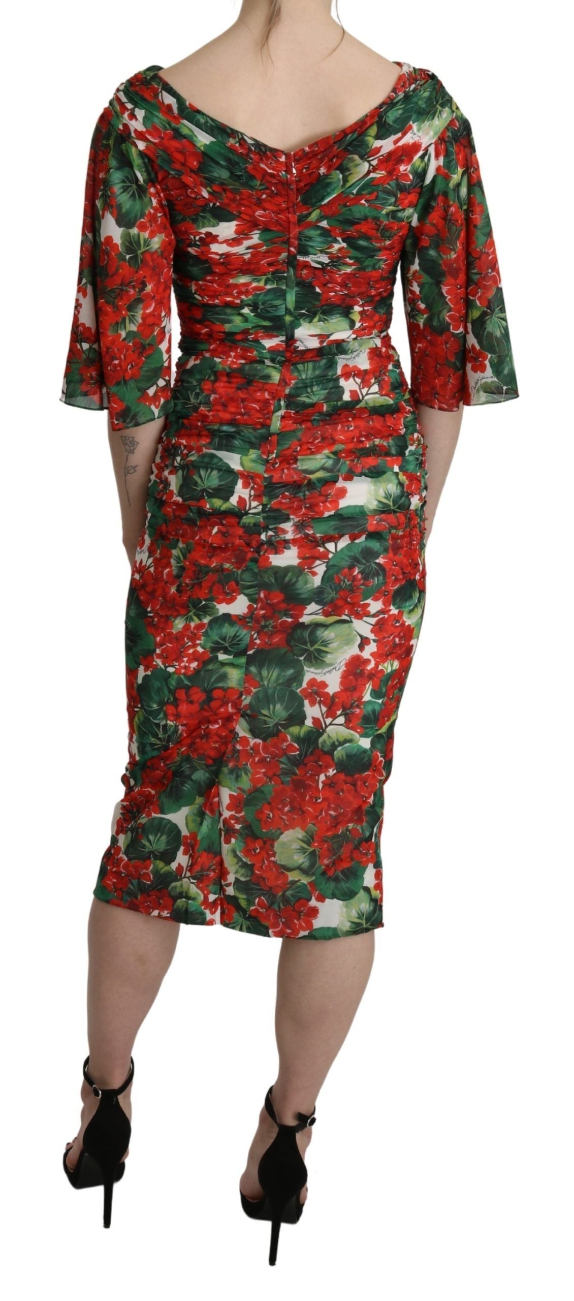 Rode bloemen mantel midi zijden stretchjurk