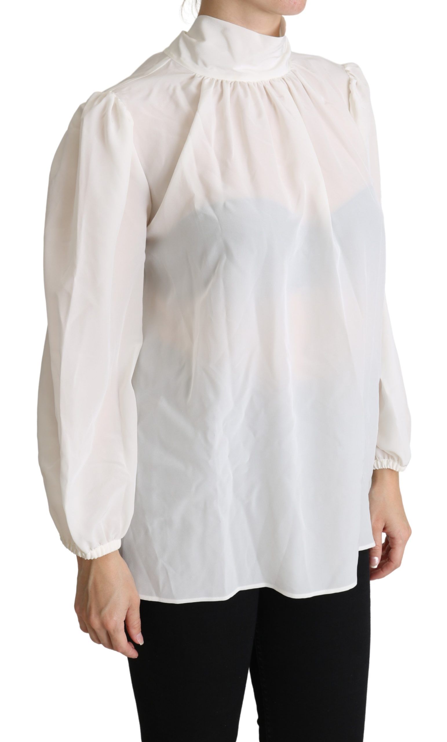 Witte zijden blouse met strik en lange mouwen