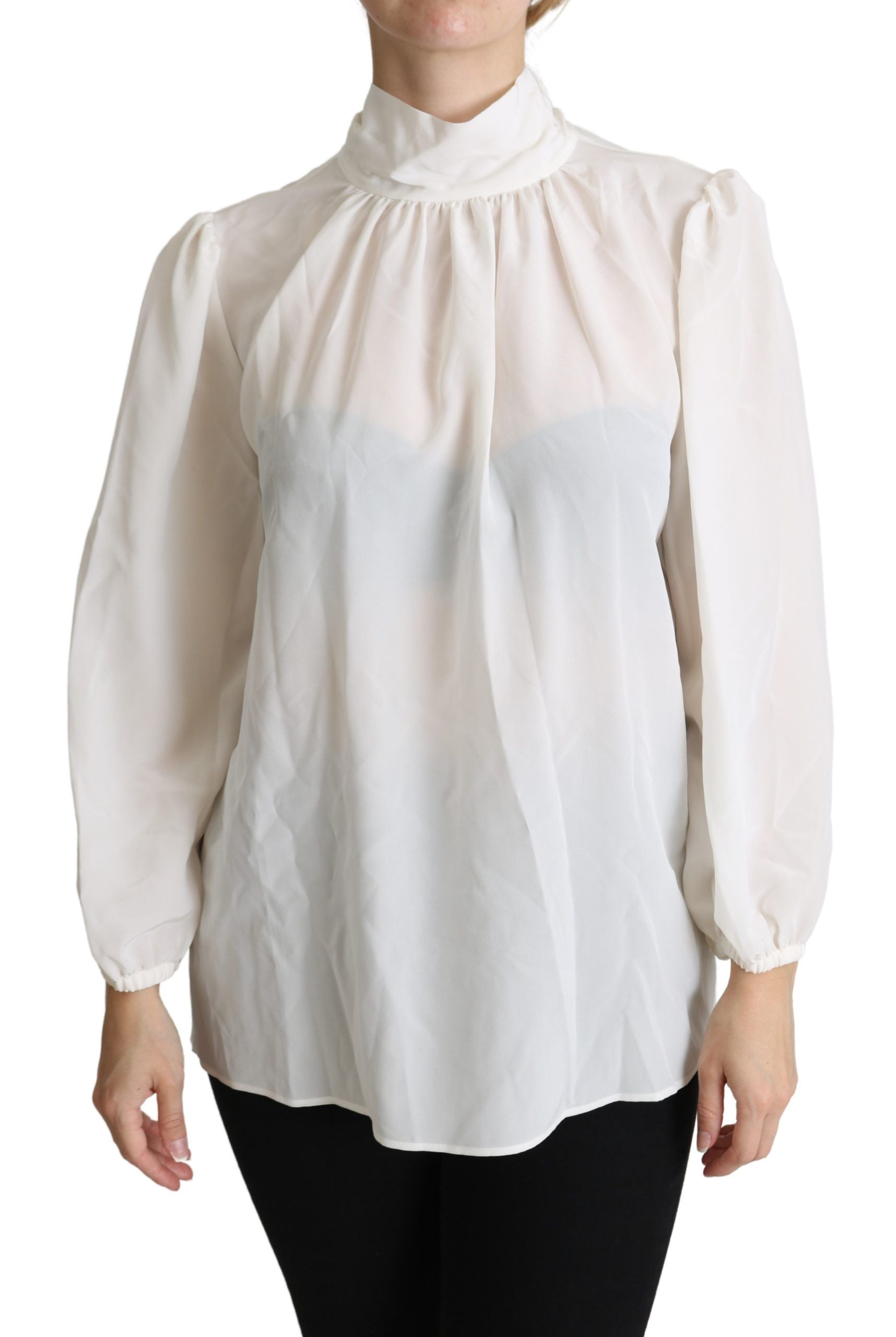 Witte zijden blouse met strik en lange mouwen