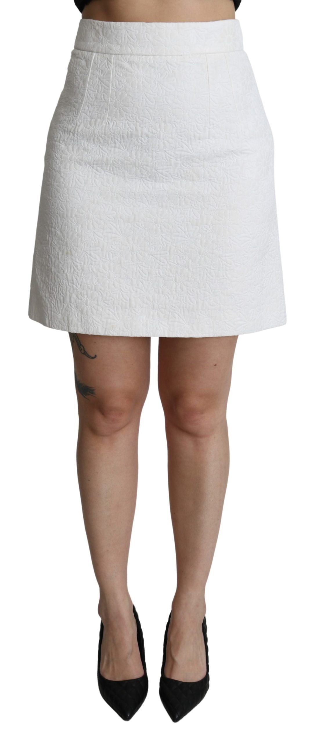 Witte bloemen hoge taille mini brokaat rok