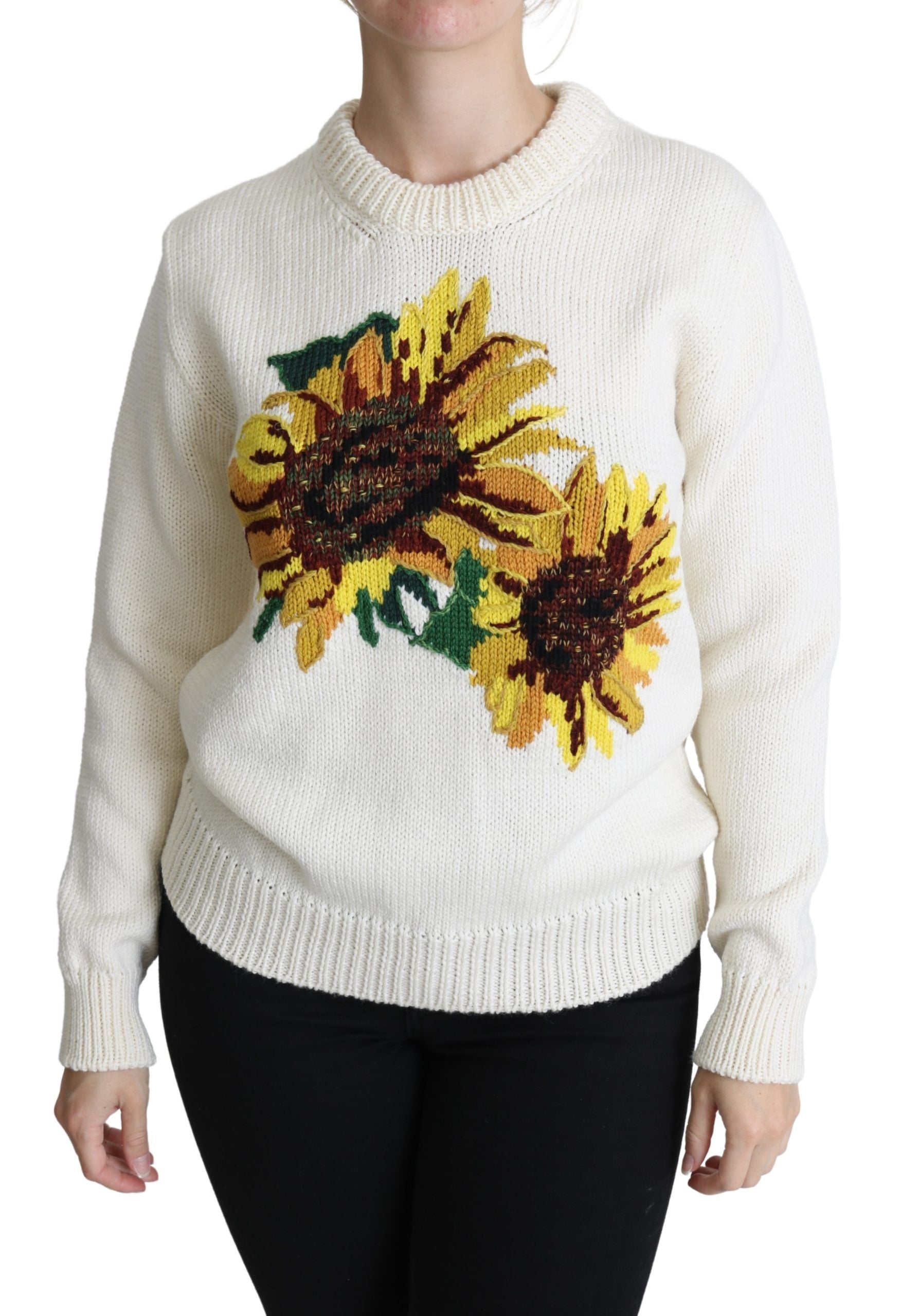 Witte bloemenwollen trui met zonnebloemmotief