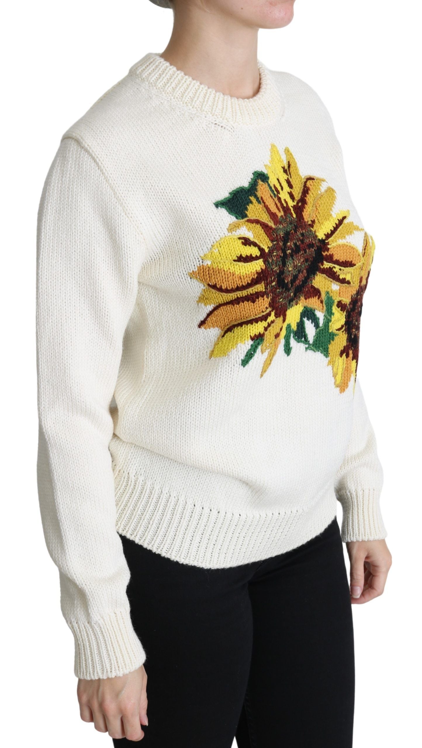 Witte bloemenwollen trui met zonnebloemmotief