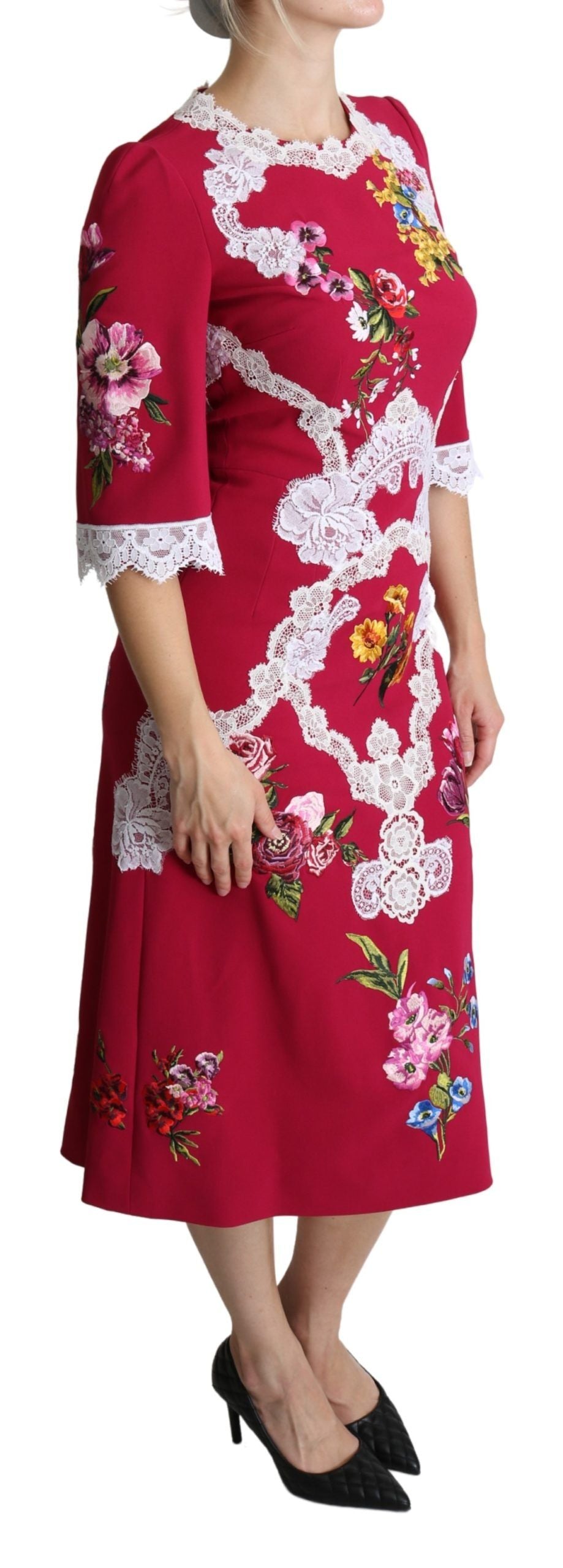 Rode bloemen geborduurde mantel midi-jurk