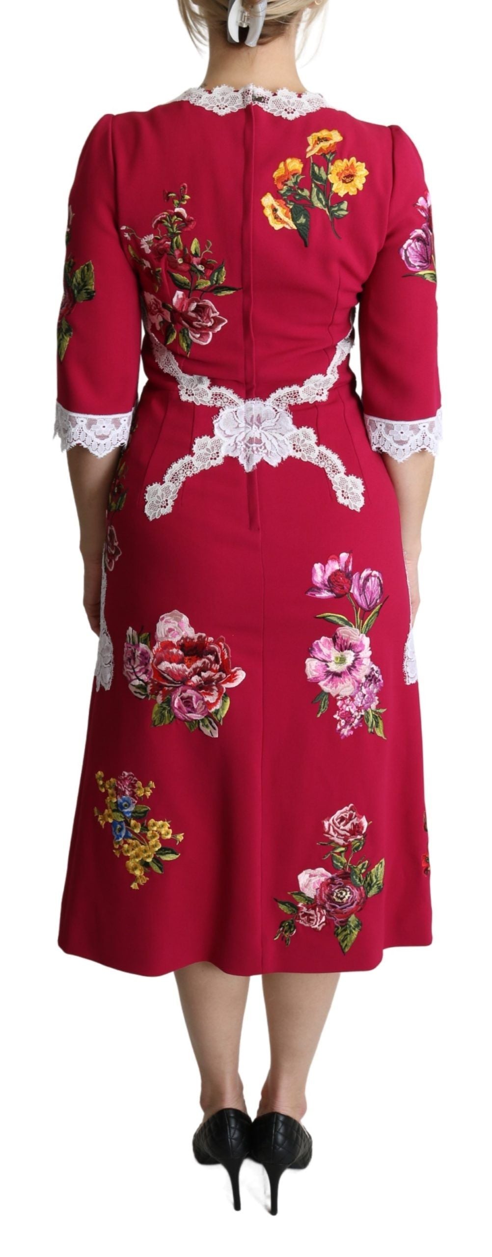 Rode bloemen geborduurde mantel midi-jurk