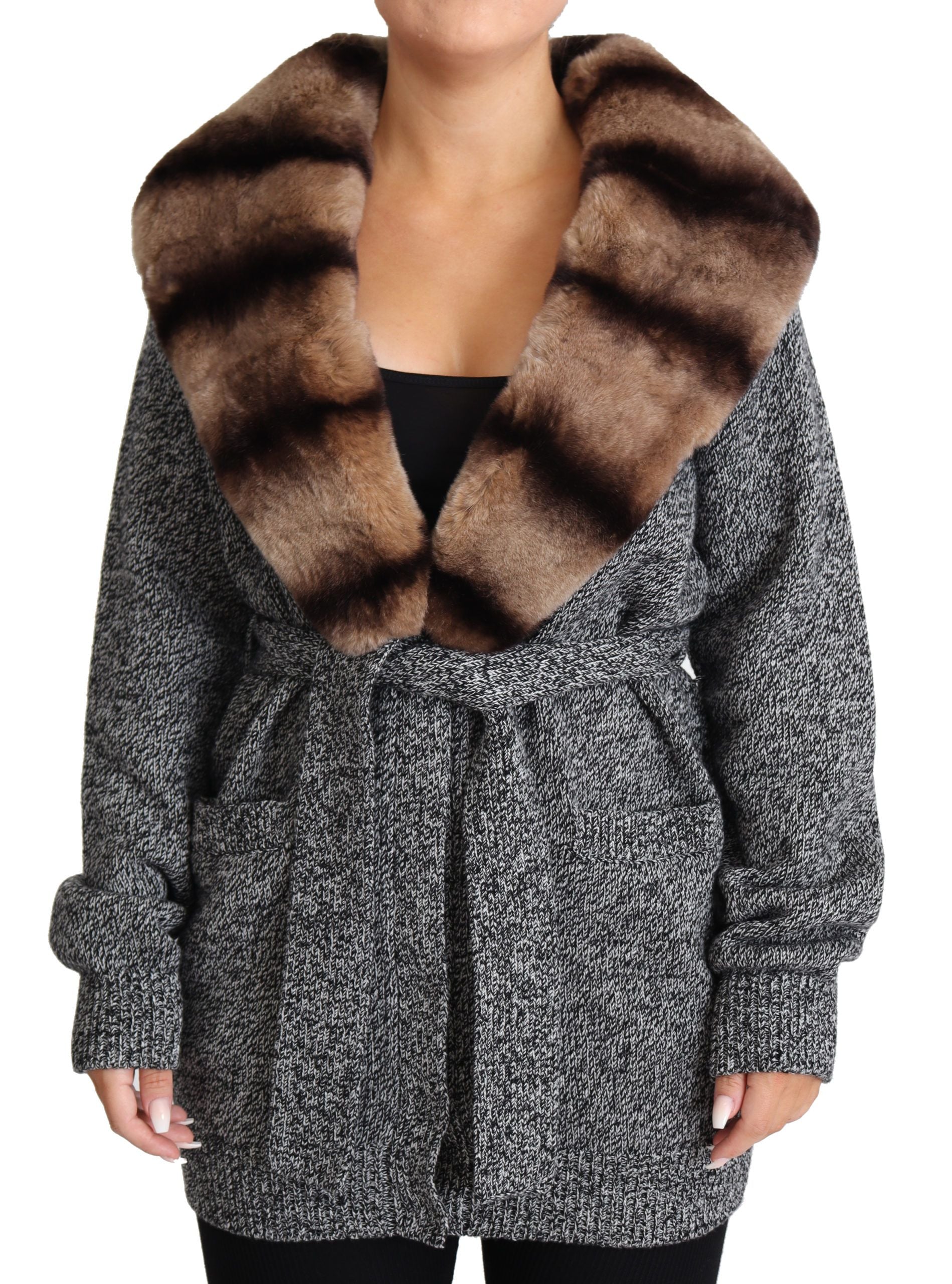 Grijze Cardigan Bontjas Kasjmier Jas