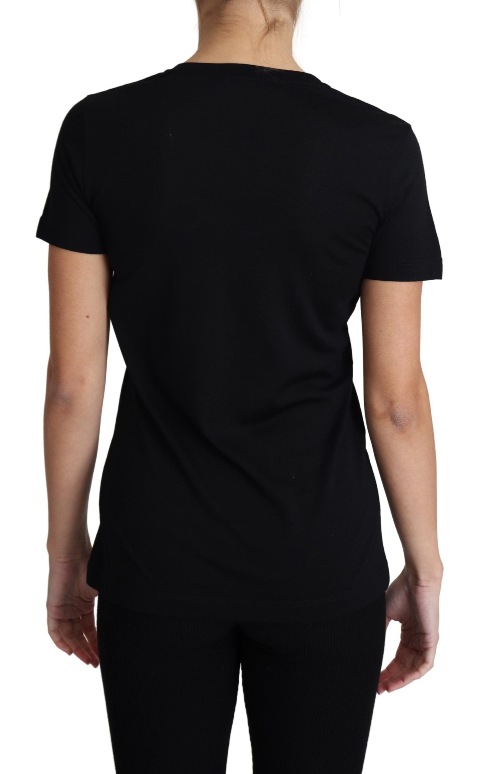 Zwart wollen T-shirt met ronde hals en korte mouwen