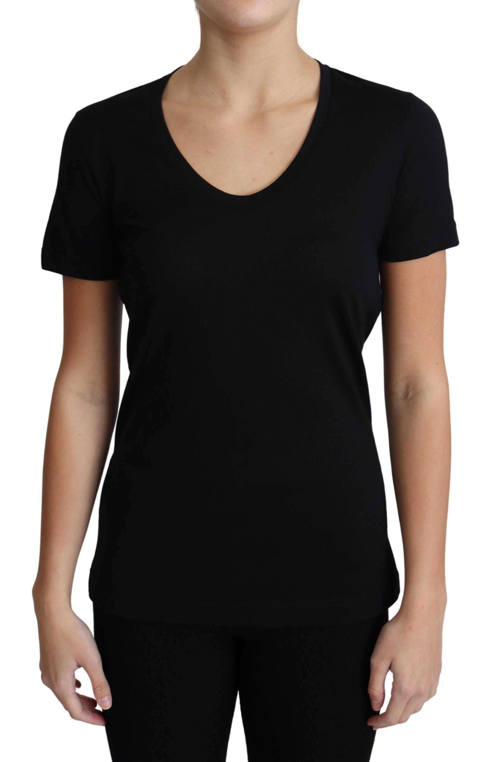 Zwart wollen T-shirt met ronde hals en korte mouwen