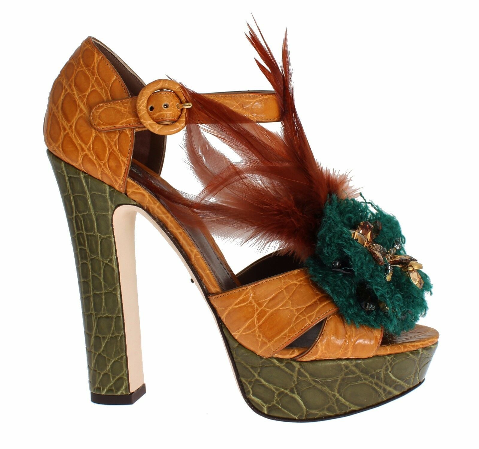 Oranje leren sandalen met kristallen plateauzool