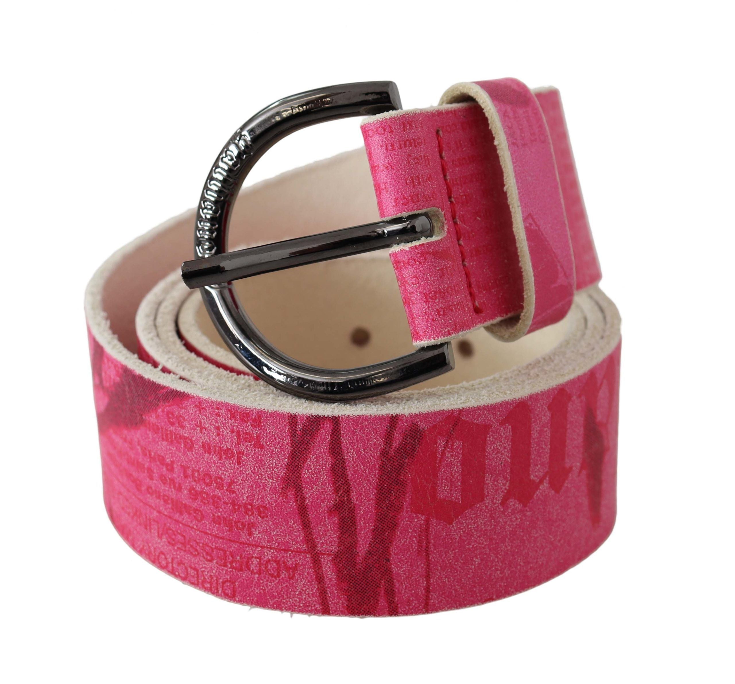Roze leren riem met ronde gesp en letterlogo-ontwerp