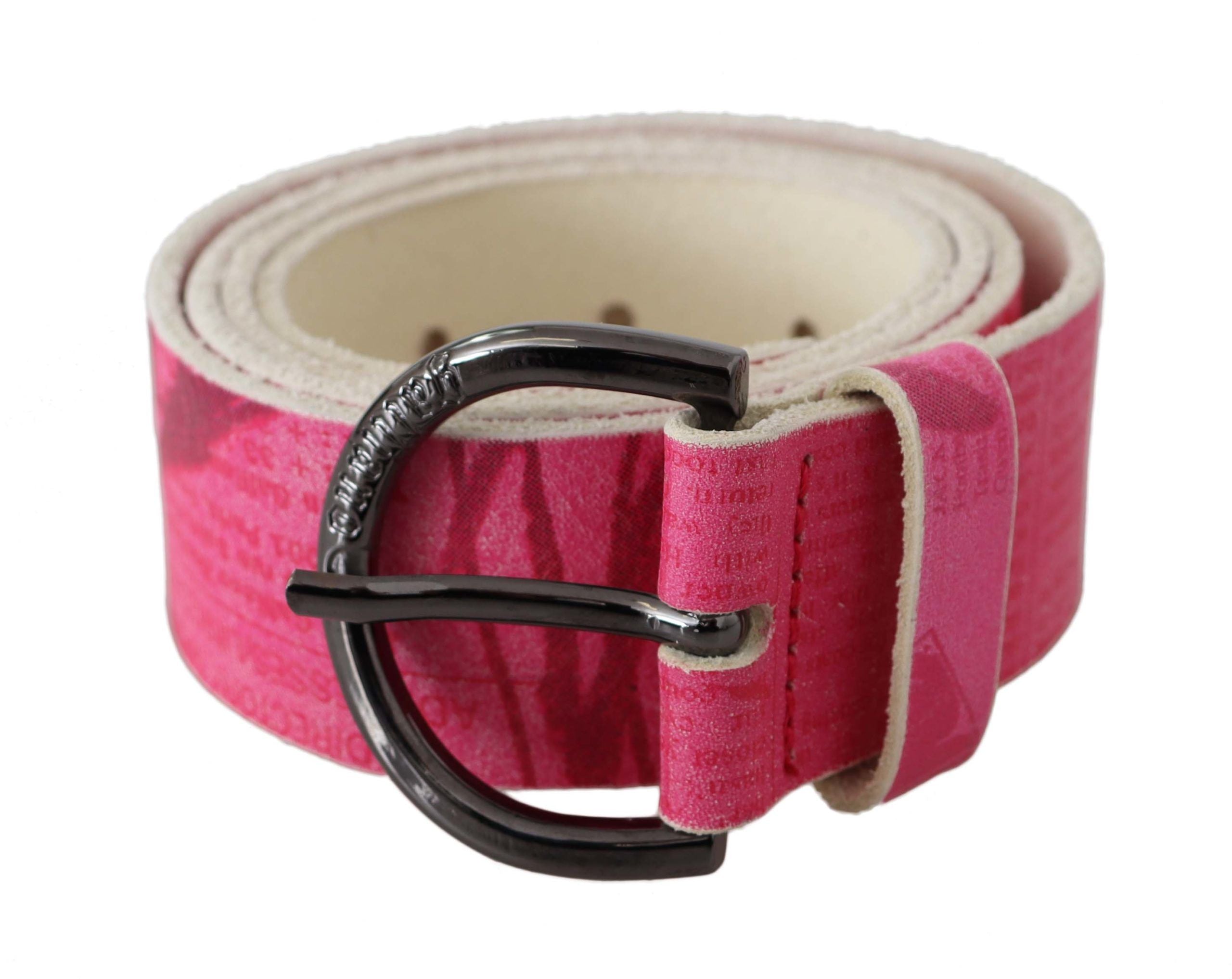 Roze leren riem met ronde gesp en letterlogo-ontwerp