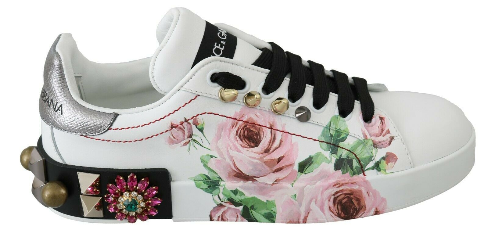 Witte leren sneakers met kristallen rozen en bloemenprint