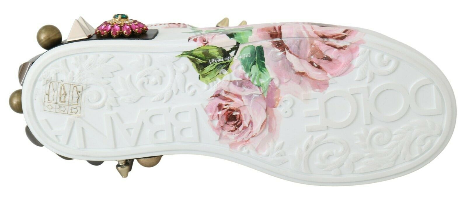 Witte leren sneakers met kristallen rozen en bloemenprint