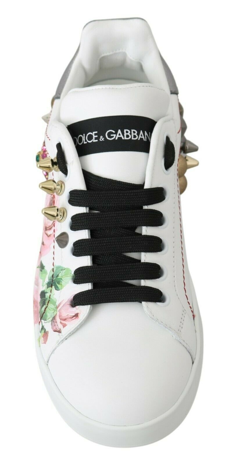 Witte leren sneakers met kristallen rozen en bloemenprint