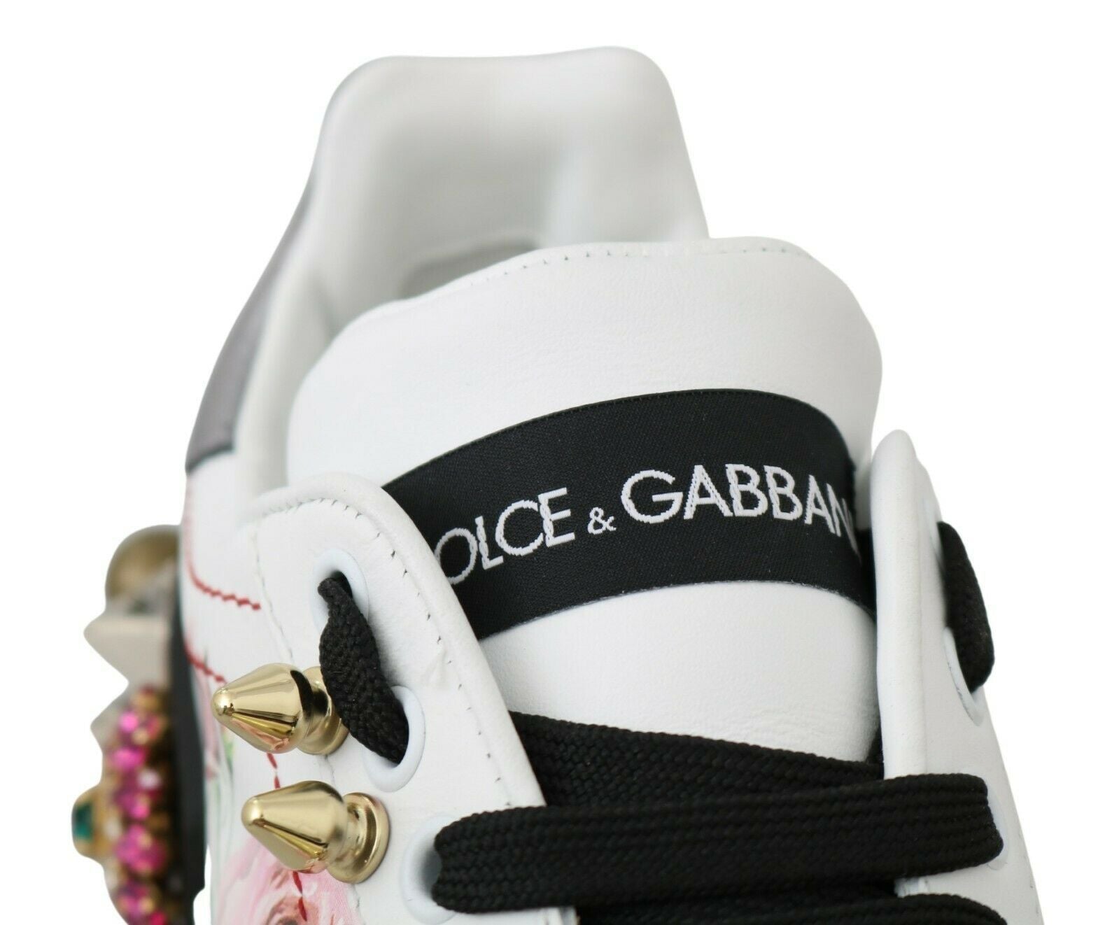 Witte leren sneakers met kristallen rozen en bloemenprint