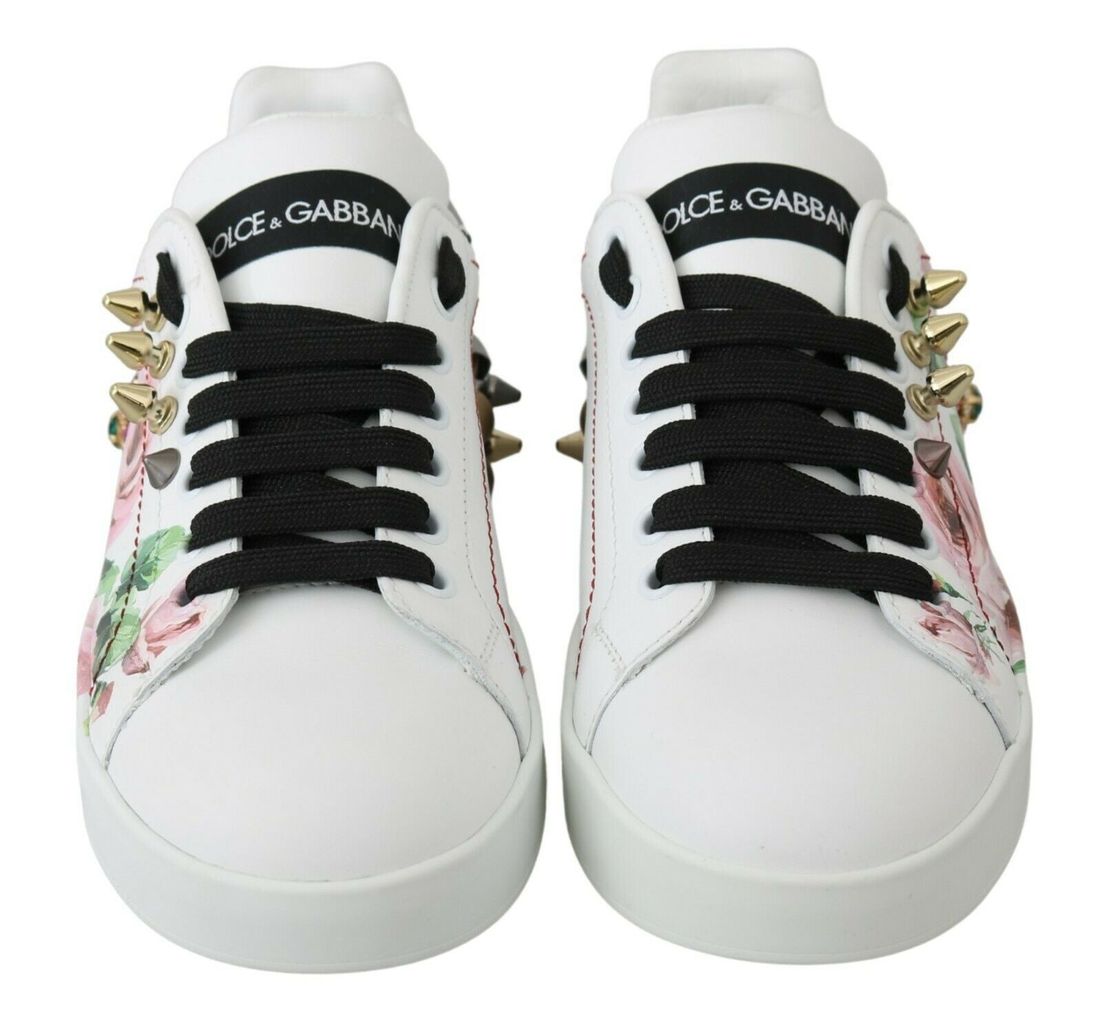 Witte leren sneakers met kristallen rozen en bloemenprint