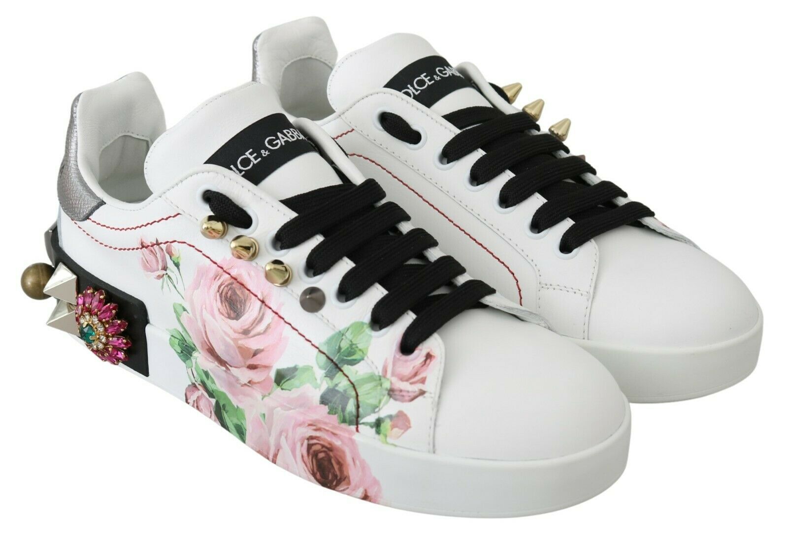 Witte leren sneakers met kristallen rozen en bloemenprint