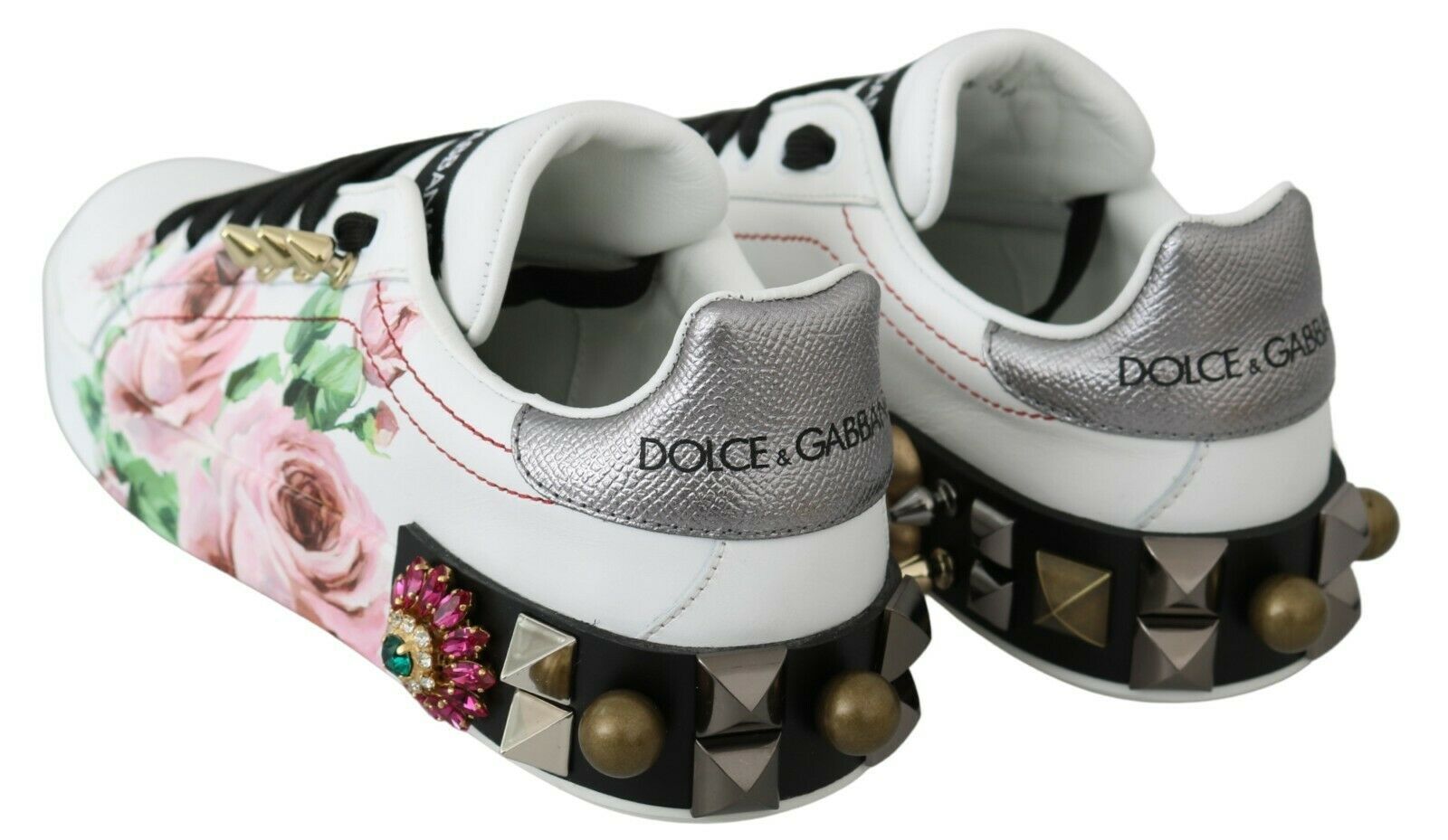 Witte leren sneakers met kristallen rozen en bloemenprint