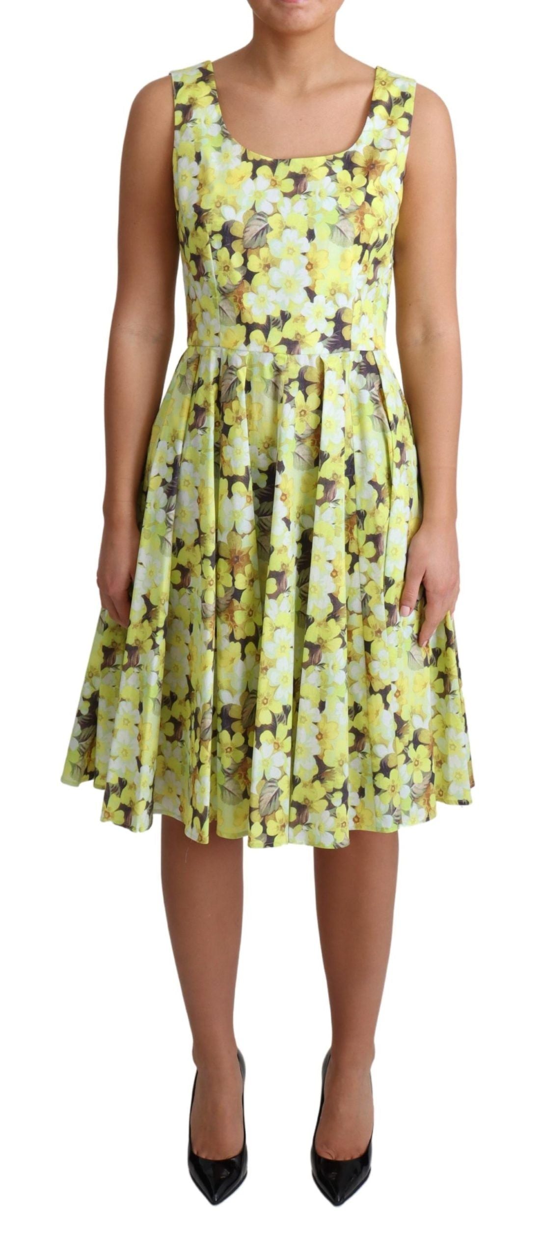 Gele katoenen stretchjurk met bloemenprint