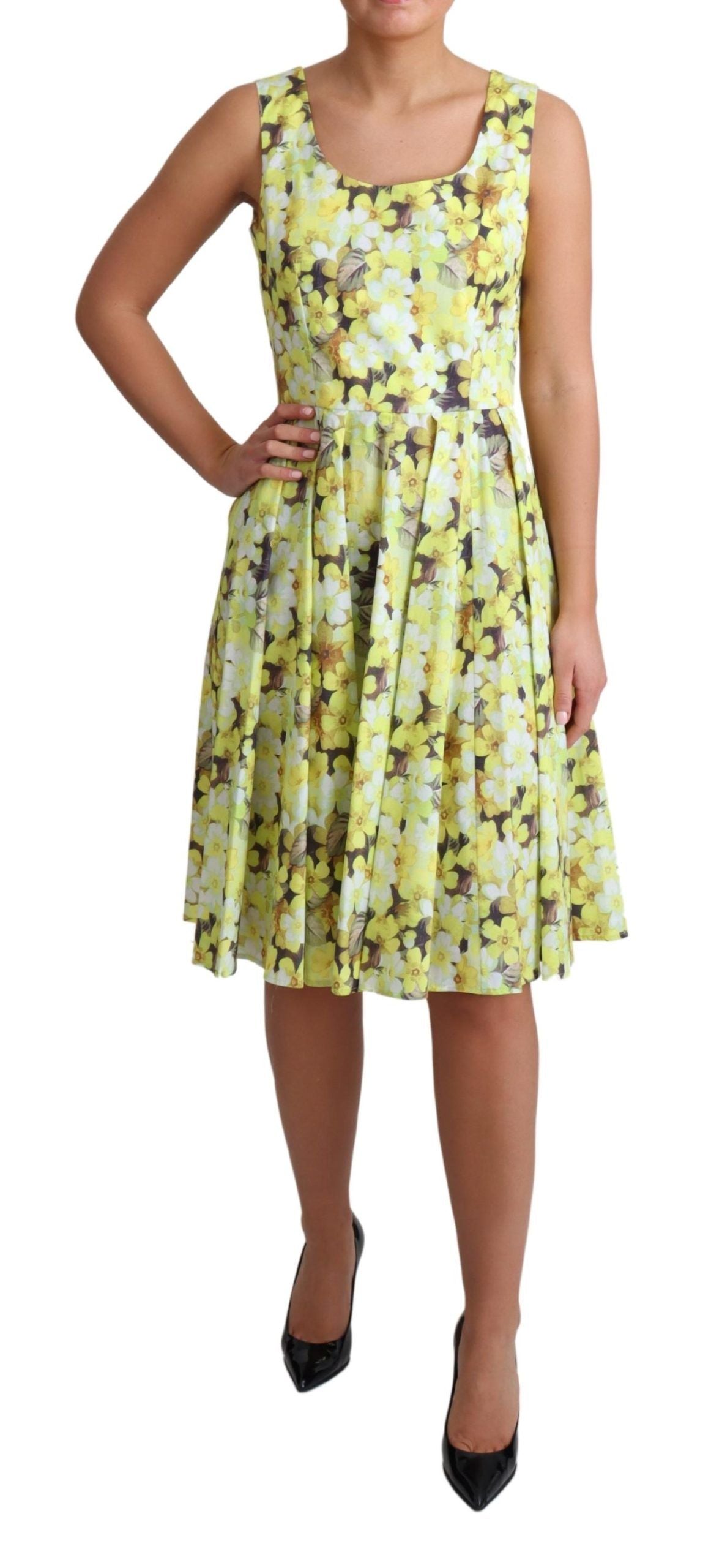 Gele katoenen stretchjurk met bloemenprint