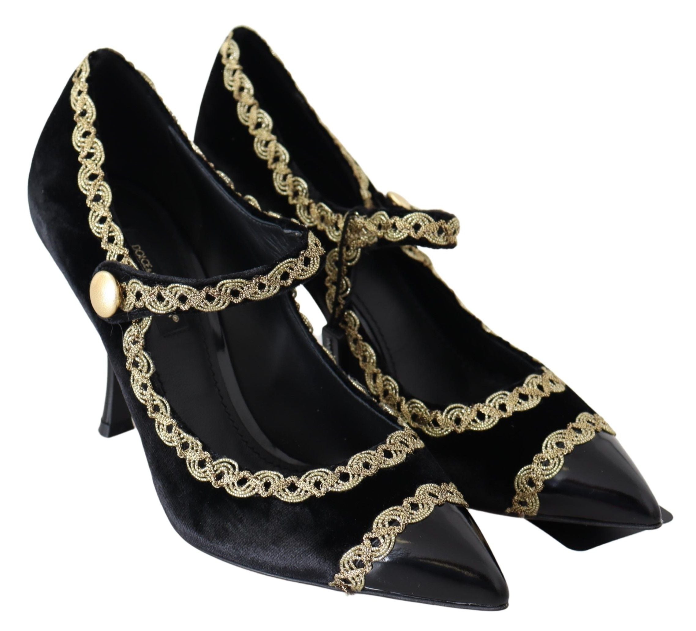 Zwarte fluwelen gouden Mary Janes-pumps