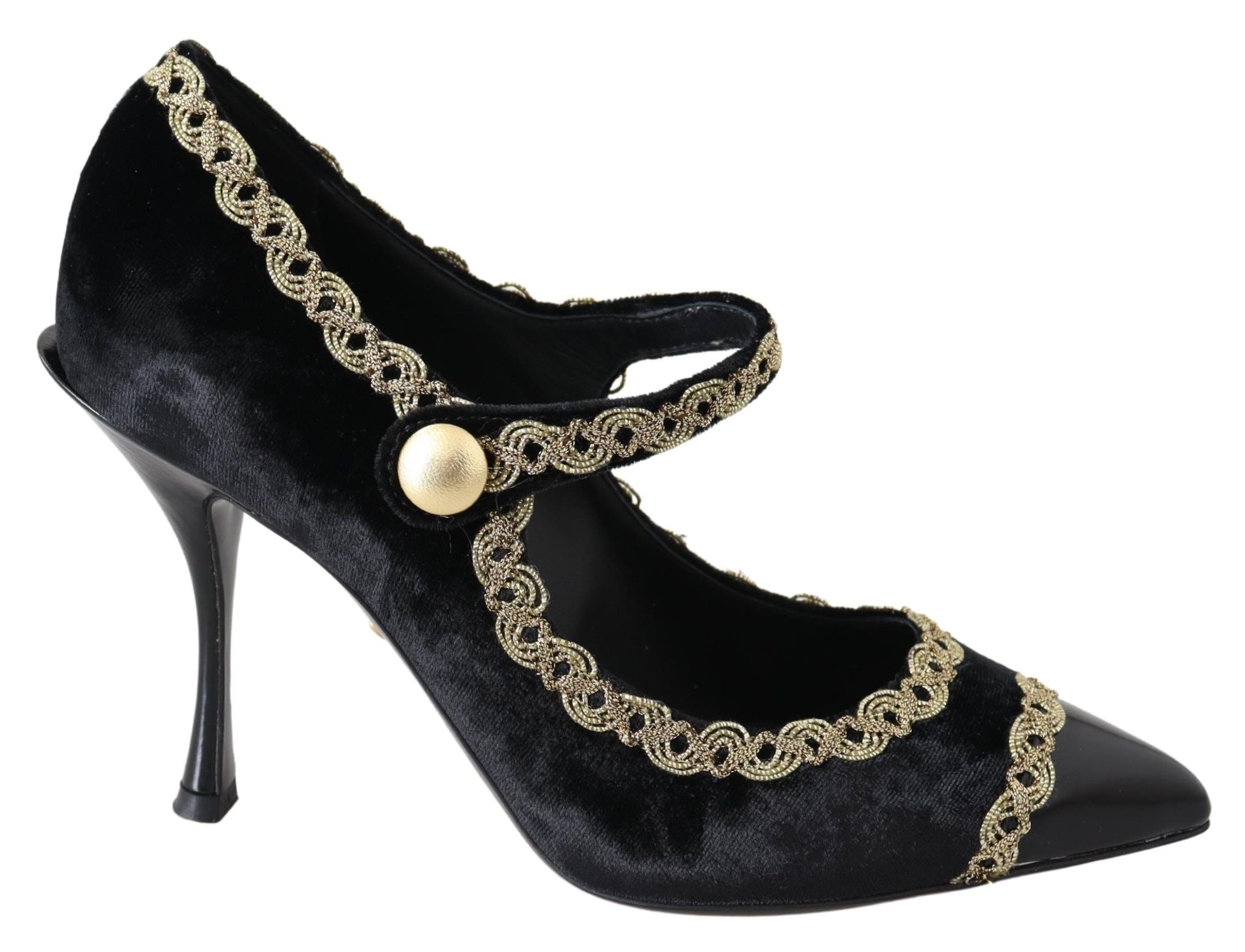 Zwarte fluwelen gouden Mary Janes-pumps