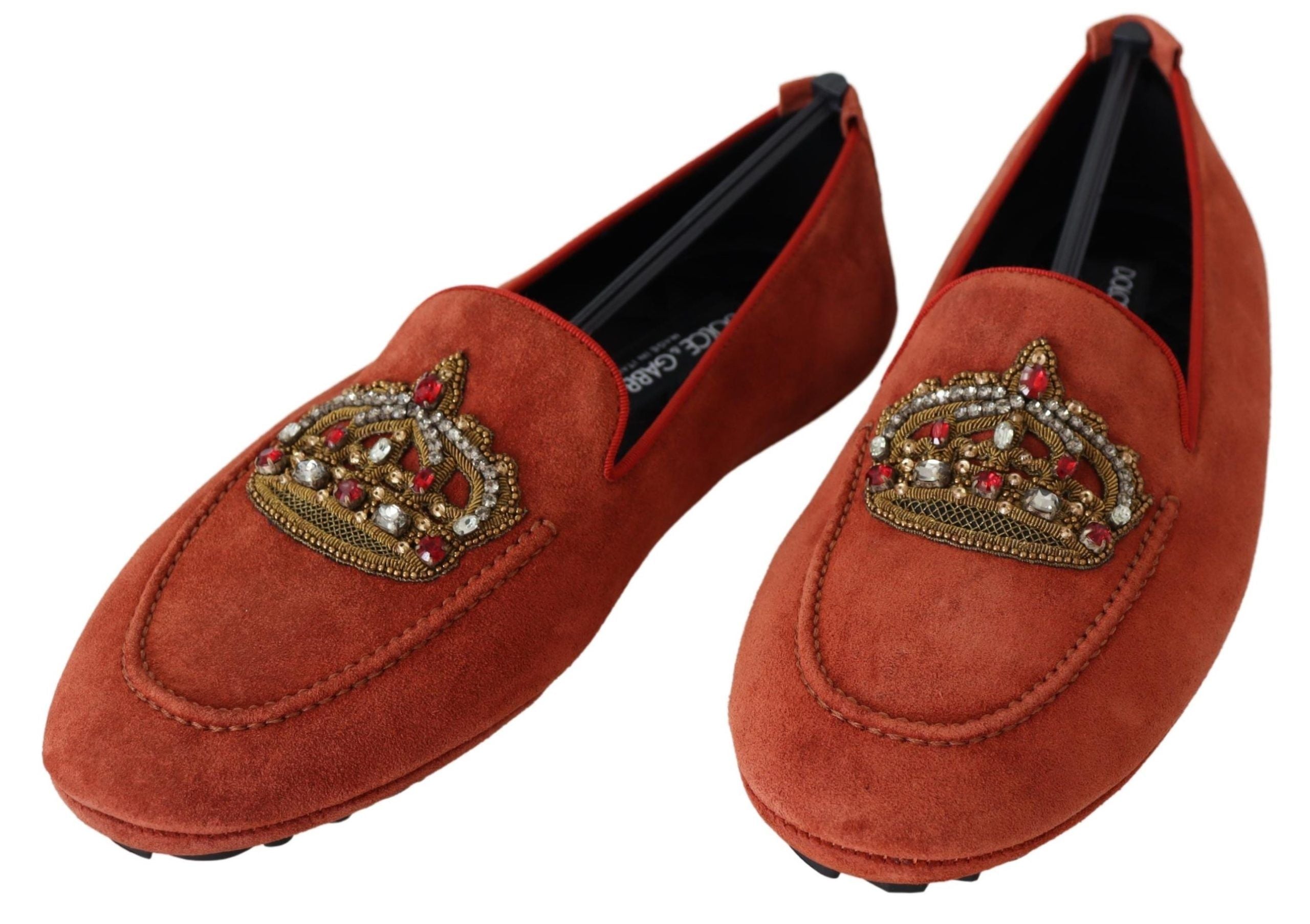 Oranje leren loafers met kristallen kroon