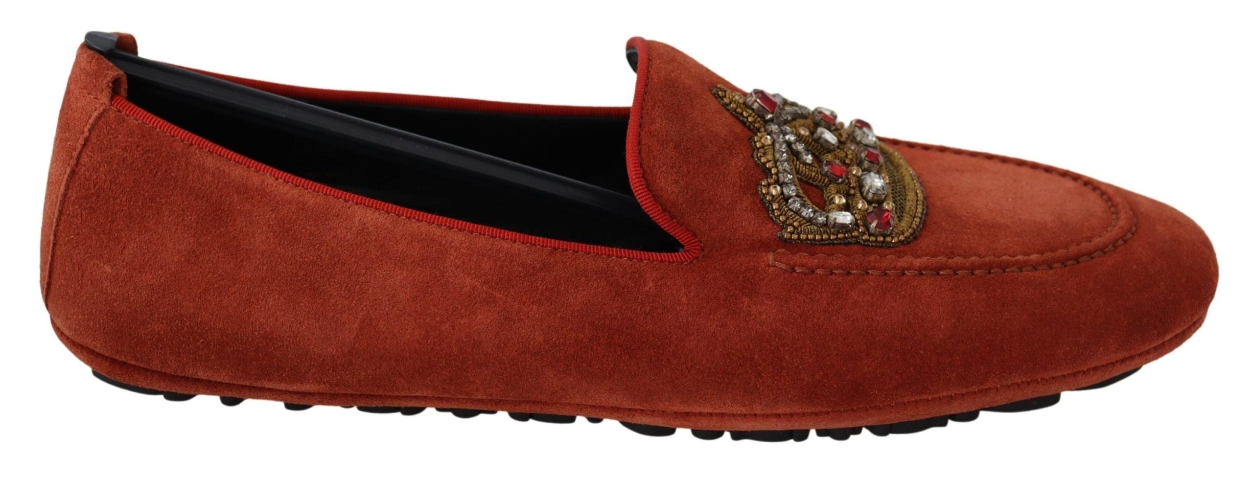 Oranje leren loafers met kristallen kroon