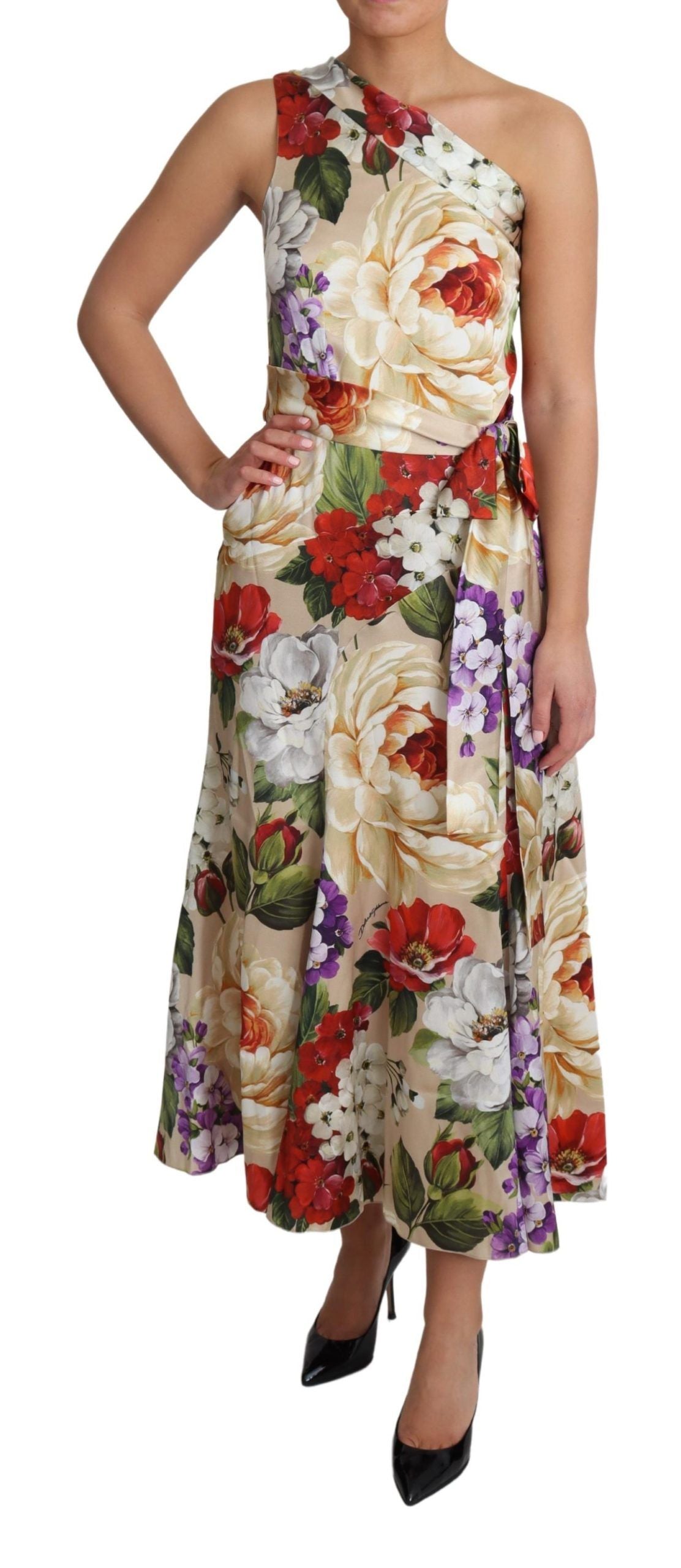 Print Zijden Stretch Jurk met Eén Schouder en Bloemenprint