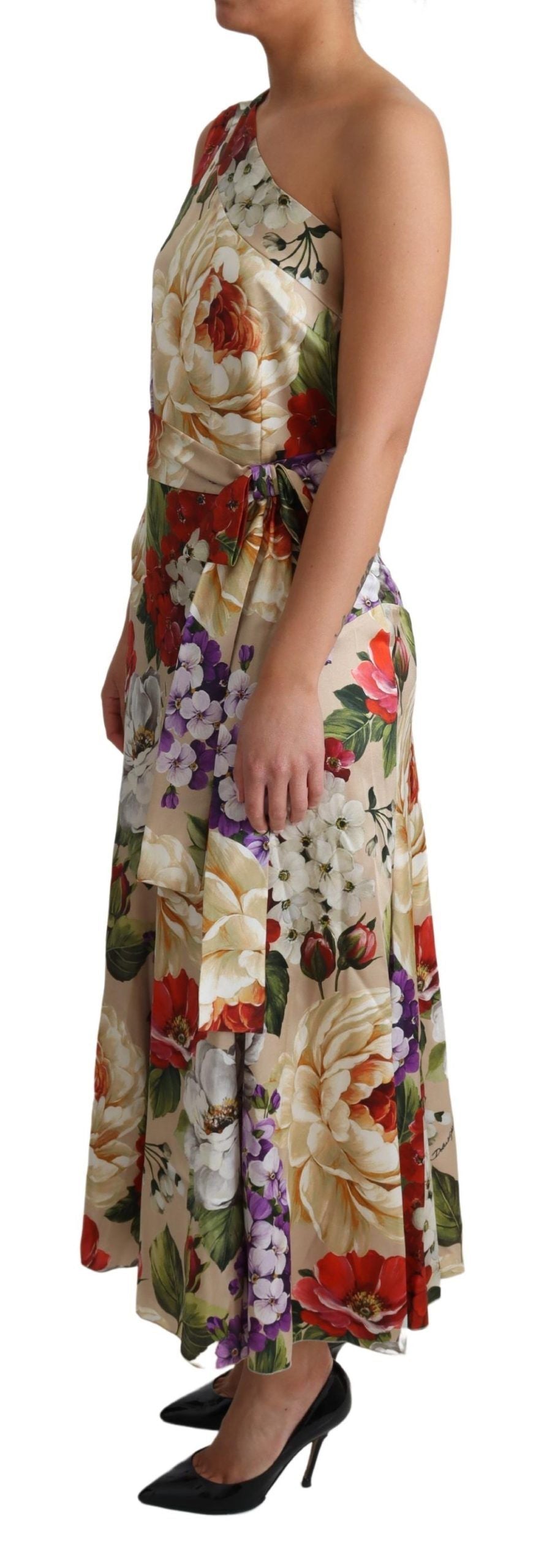 Print Zijden Stretch Jurk met Eén Schouder en Bloemenprint