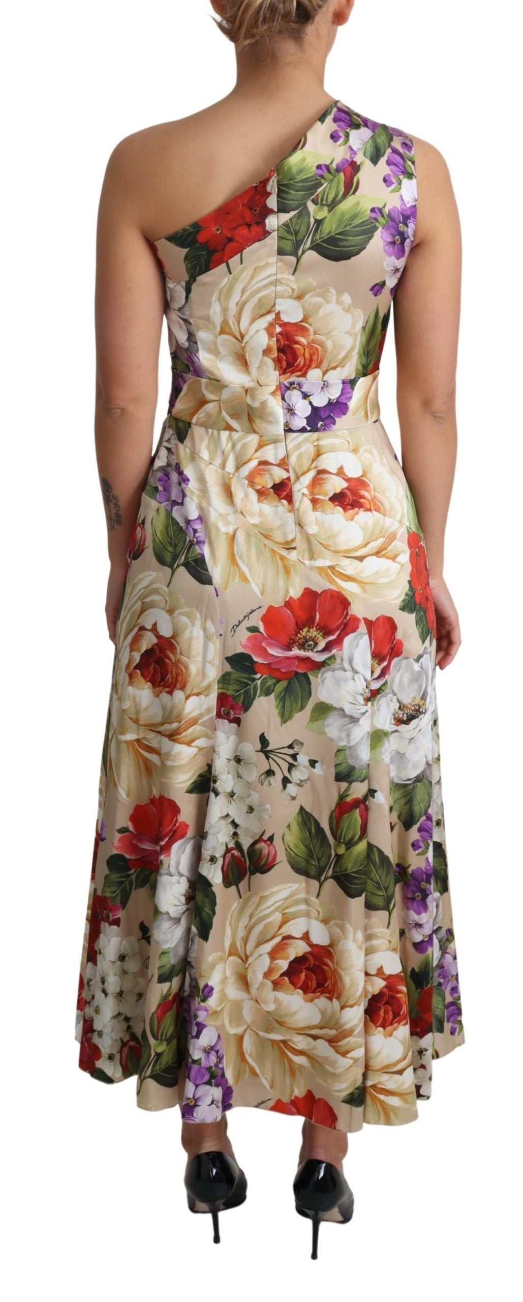 Print Zijden Stretch Jurk met Eén Schouder en Bloemenprint