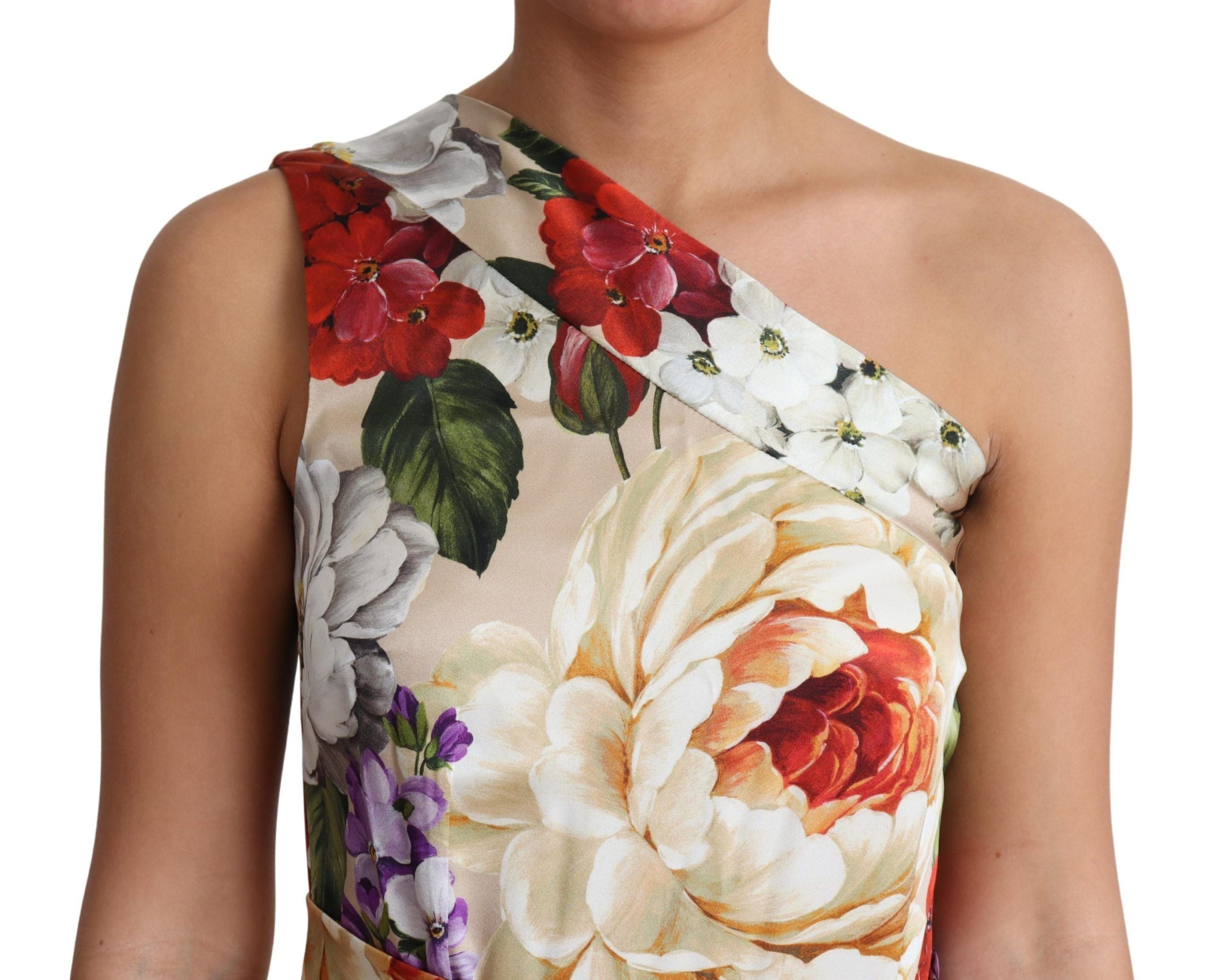 Print Zijden Stretch Jurk met Eén Schouder en Bloemenprint