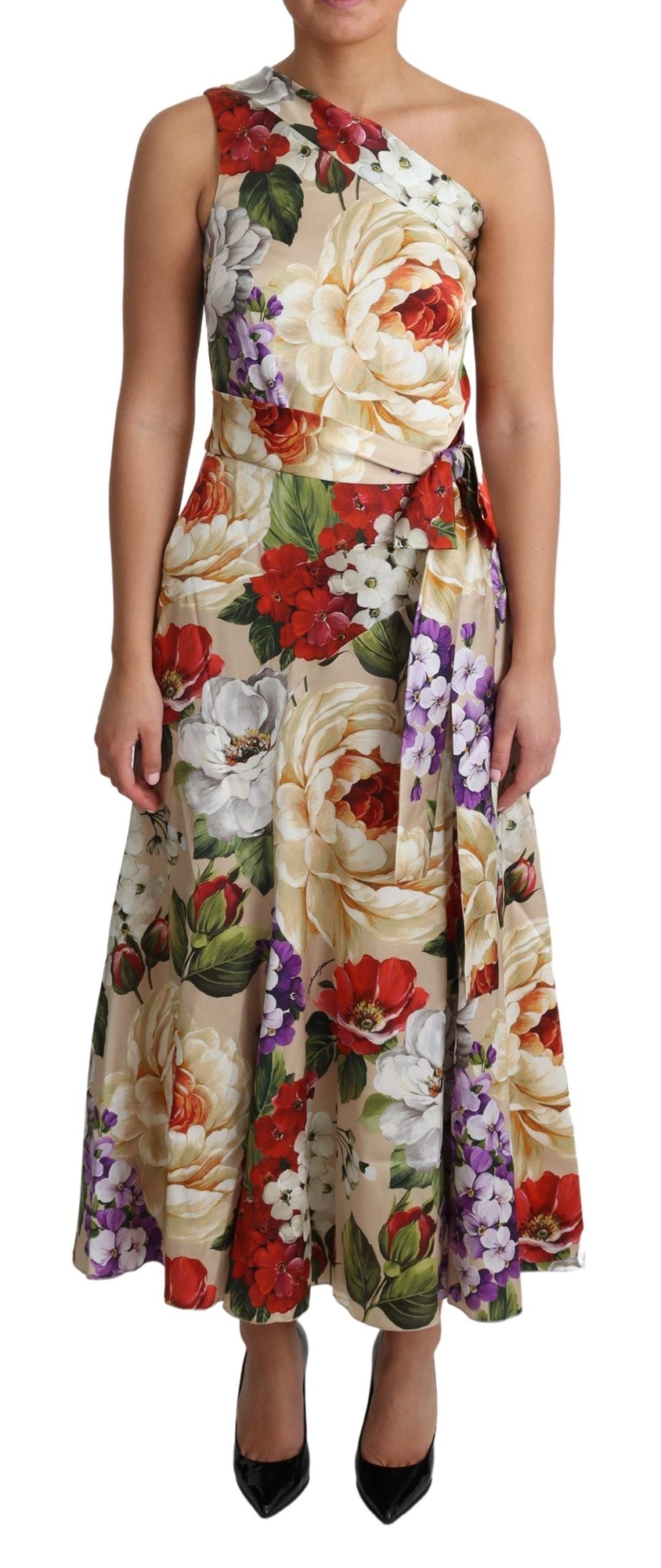 Print Zijden Stretch Jurk met Eén Schouder en Bloemenprint